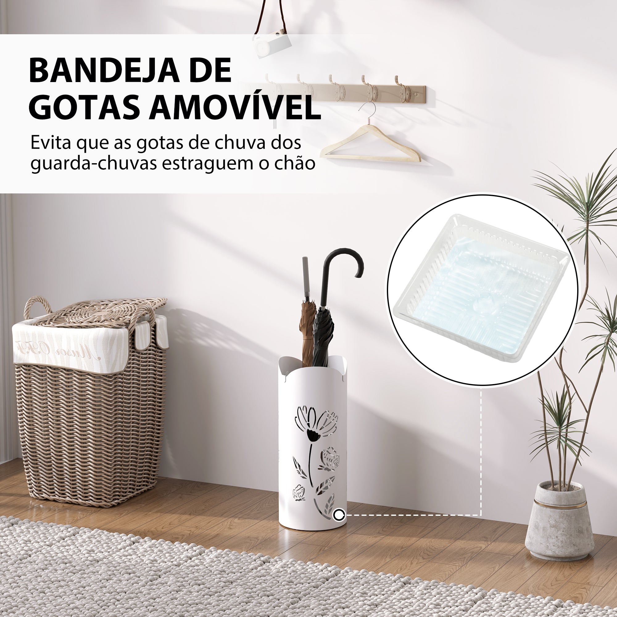 Suporte para Guarda-Chuva Branco 17x17x41 cm com Bandeja Amovível e 4 Ganchos