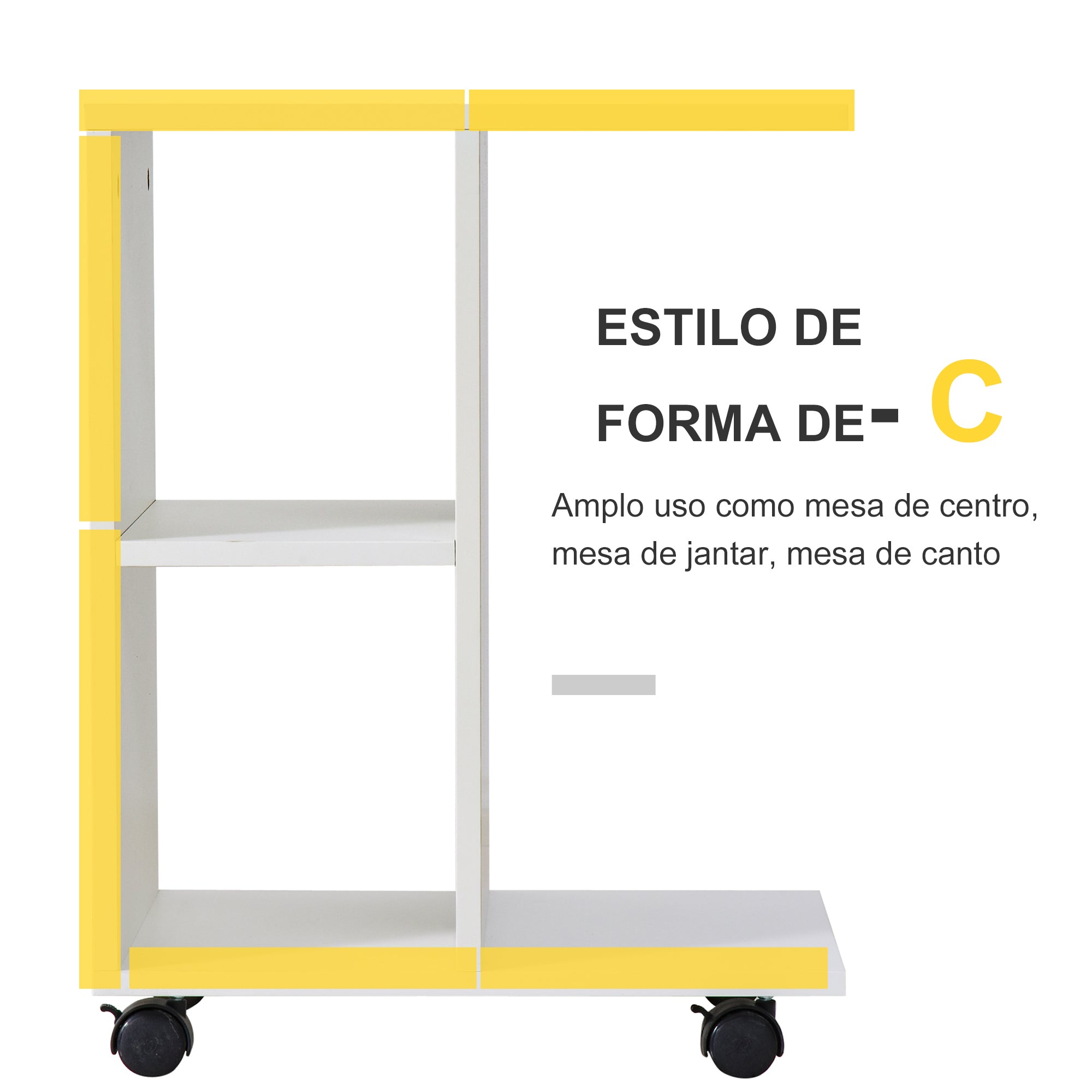 Mesa Auxiliar Moderna em Forma de C com Rodas e Prateleiras Abertas 45x35x58 cm - Branco