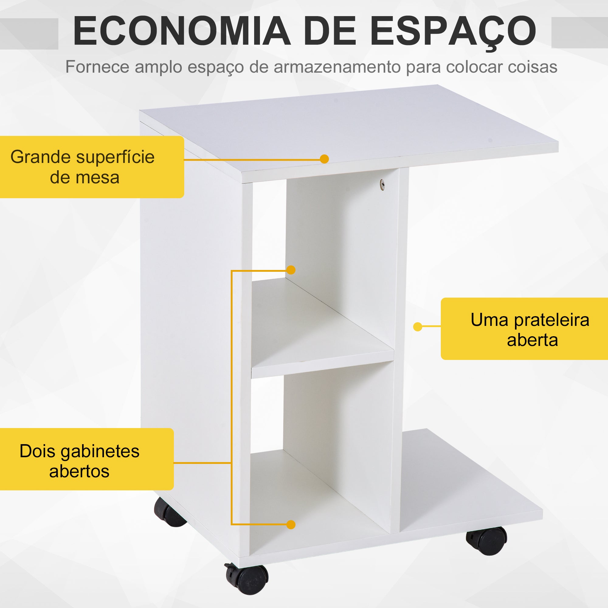 Mesa Auxiliar Moderna em Forma de C com Rodas e Prateleiras Abertas 45x35x58 cm - Branco