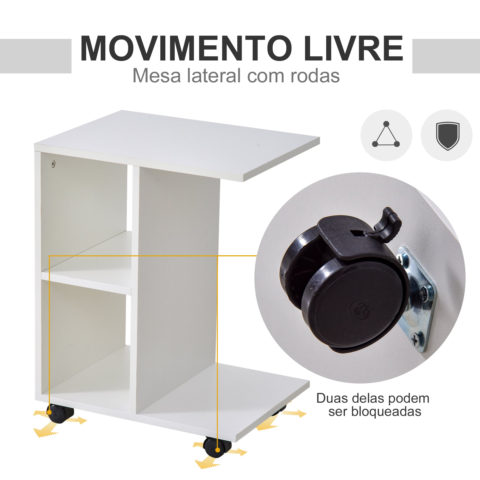 Mesa Auxiliar Moderna em Forma de C com Rodas e Prateleiras Abertas 45x35x58 cm - Branco