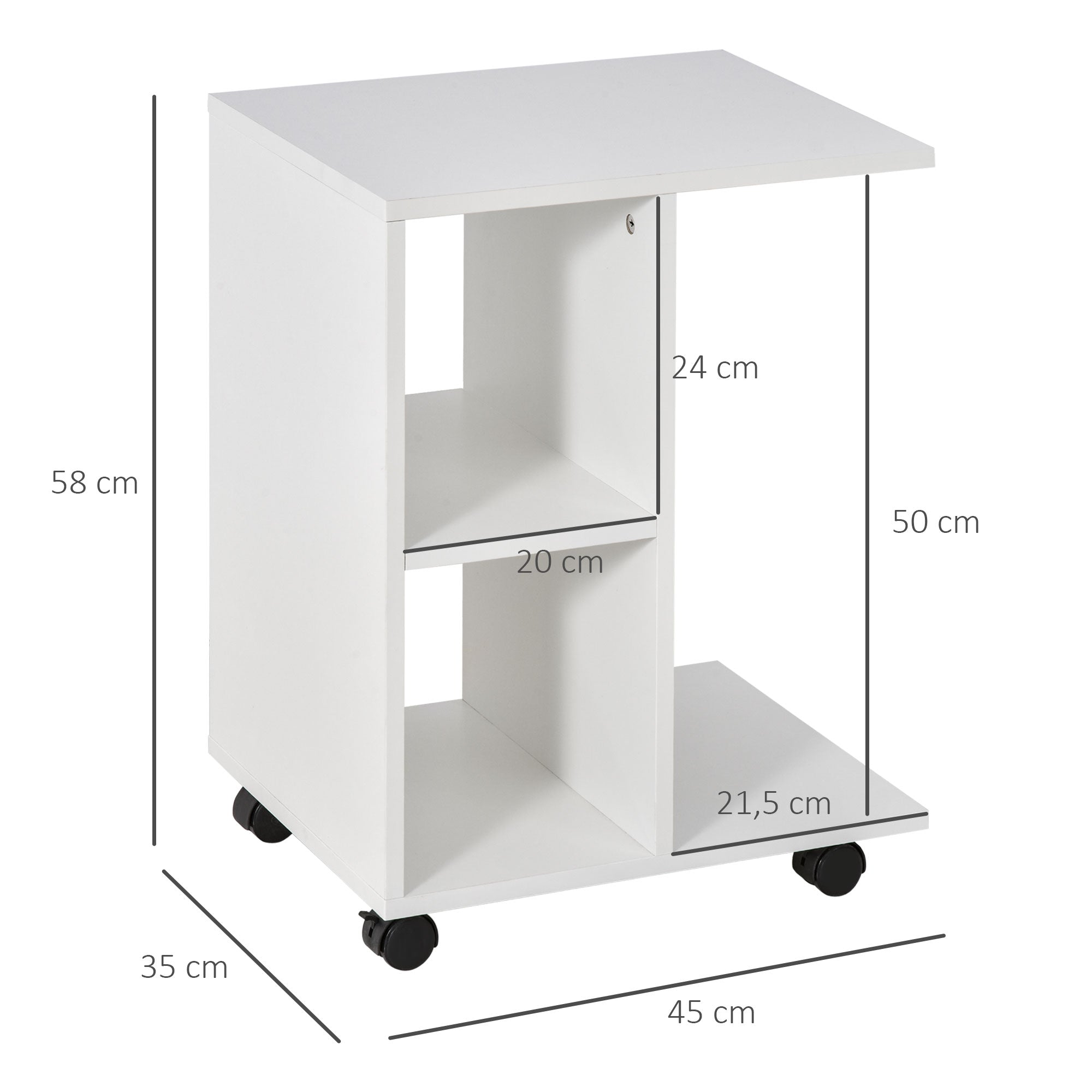 Mesa Auxiliar Moderna em Forma de C com Rodas e Prateleiras Abertas 45x35x58 cm - Branco