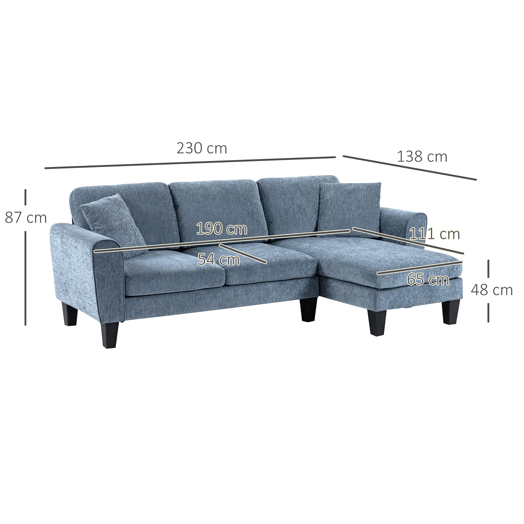 Sofá Chaise Longue Cinza Azulado 230x138x87 cm