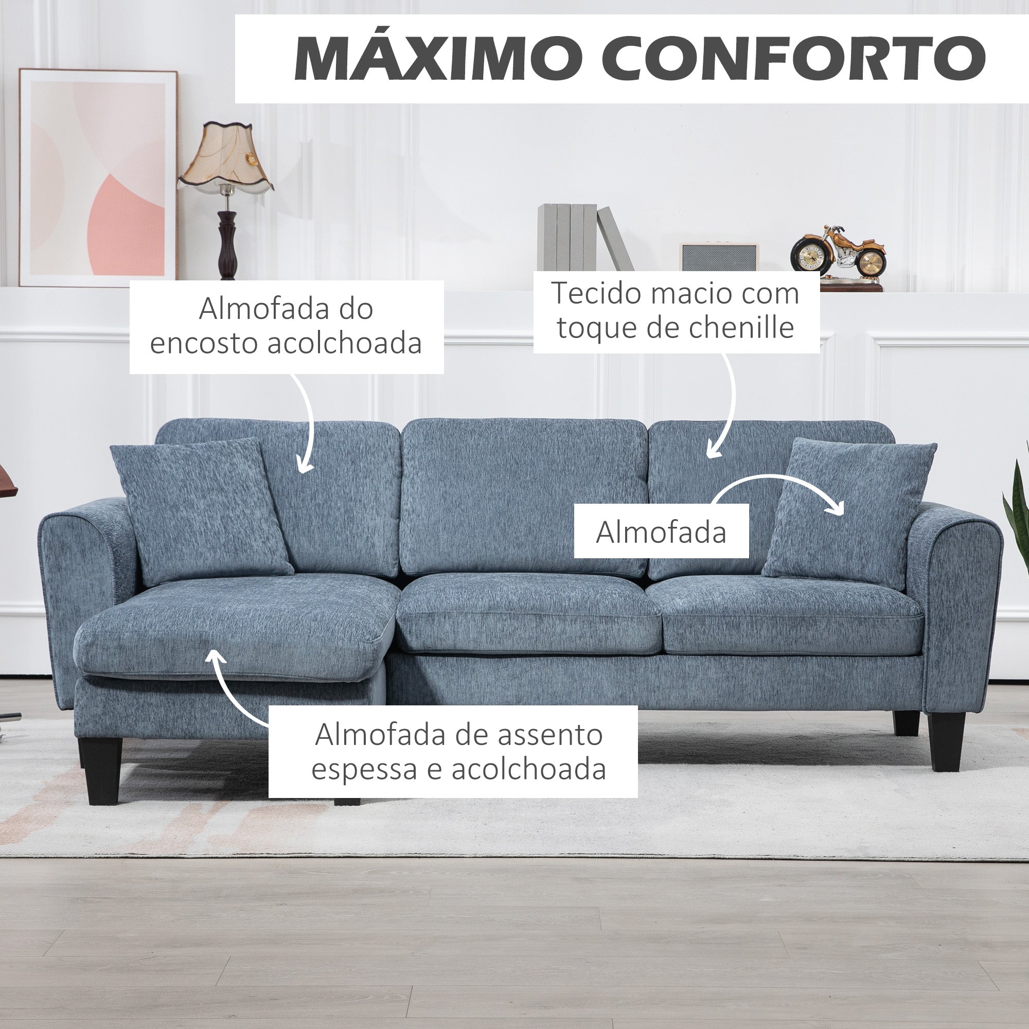 Sofá Chaise Longue Cinza Azulado 230x138x87 cm