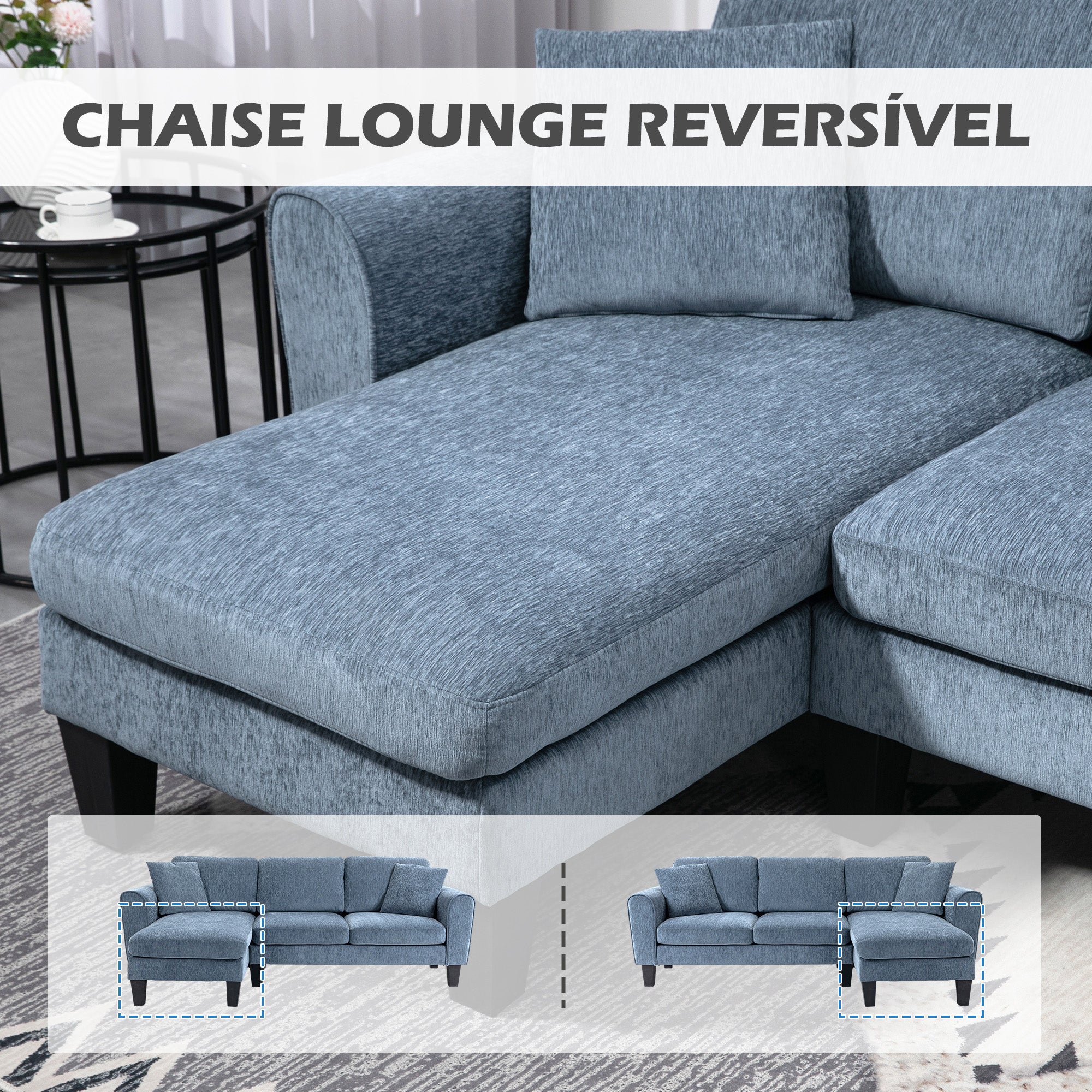 Sofá Chaise Longue Cinza Azulado 230x138x87 cm