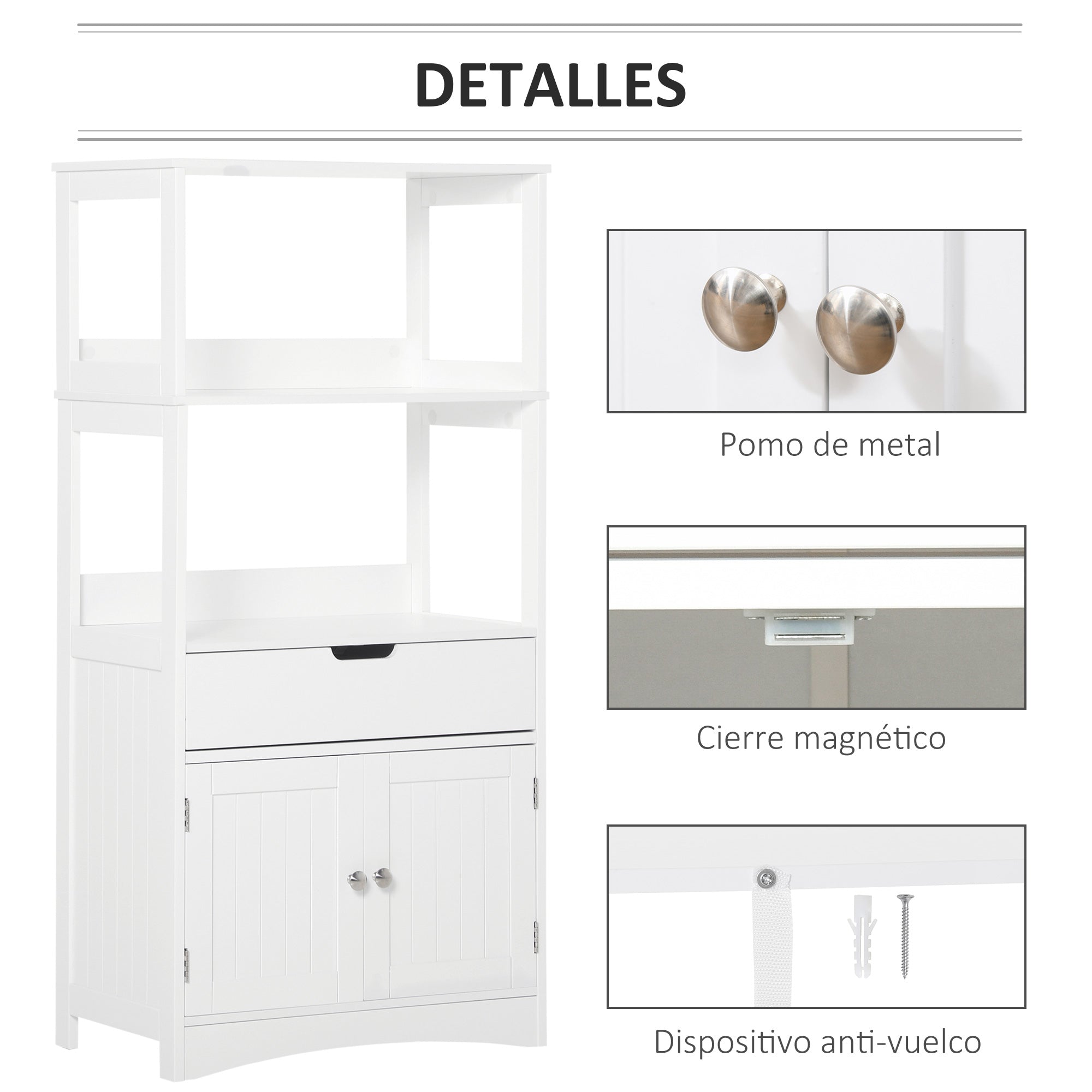 Armário de Banheiro 3 Prateleiras Gaveta 2 Portas 60x33x122,5cm Branco
