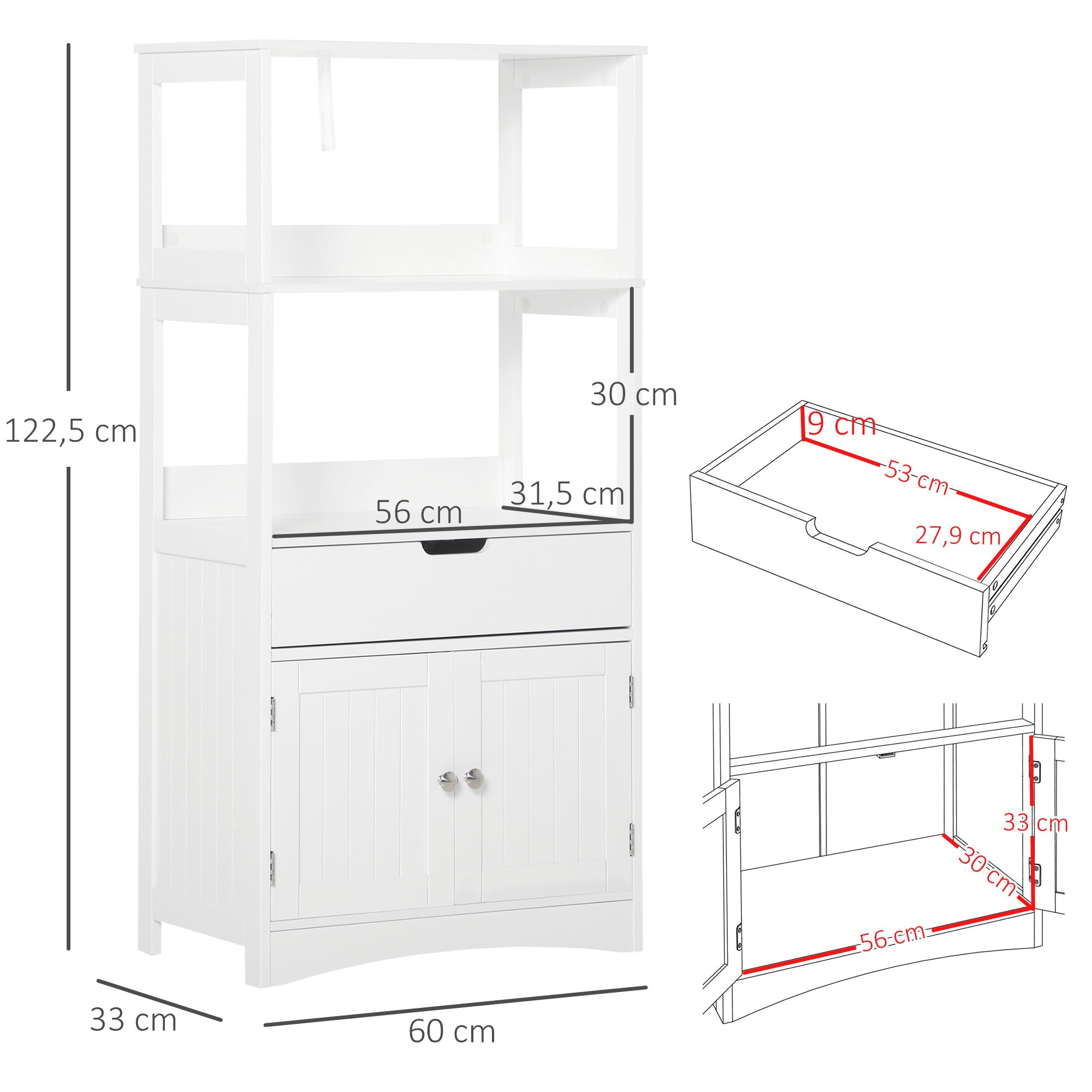 Armário de Banheiro 3 Prateleiras Gaveta 2 Portas 60x33x122,5cm Branco