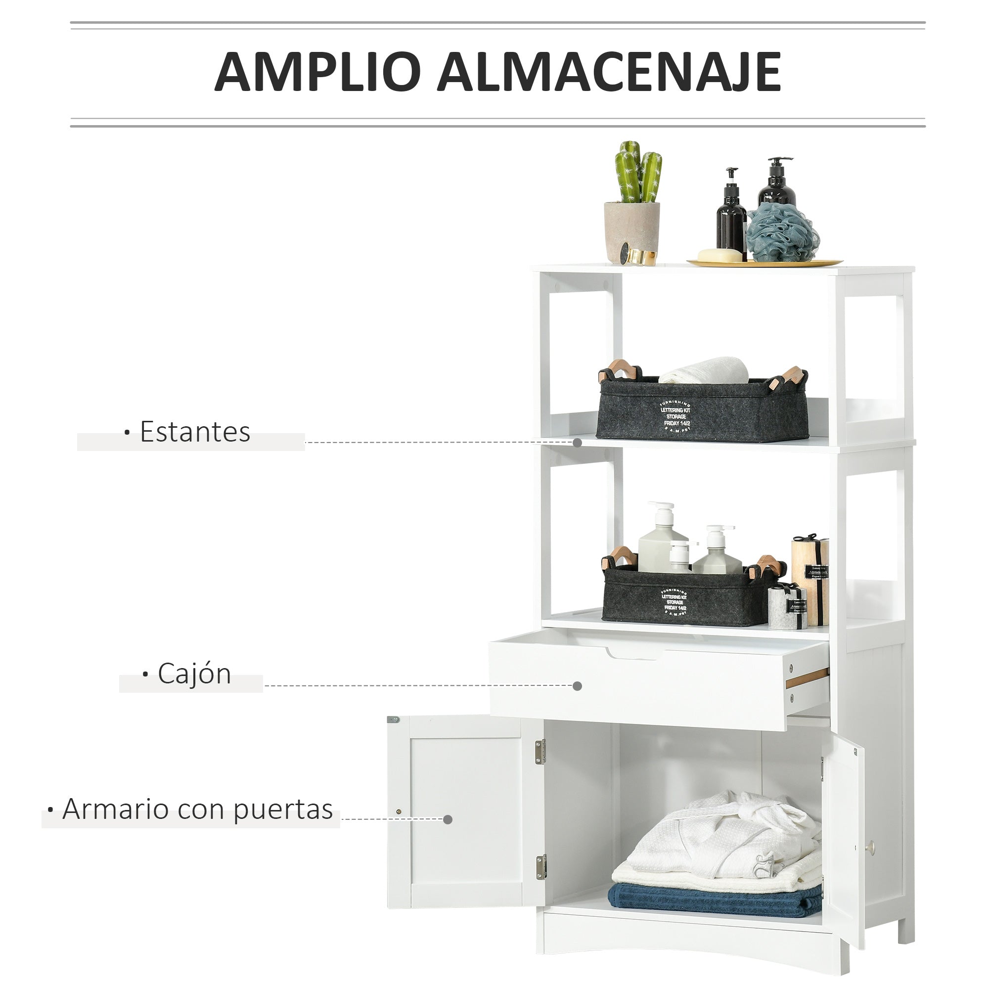 Armário de Banheiro 3 Prateleiras Gaveta 2 Portas 60x33x122,5cm Branco