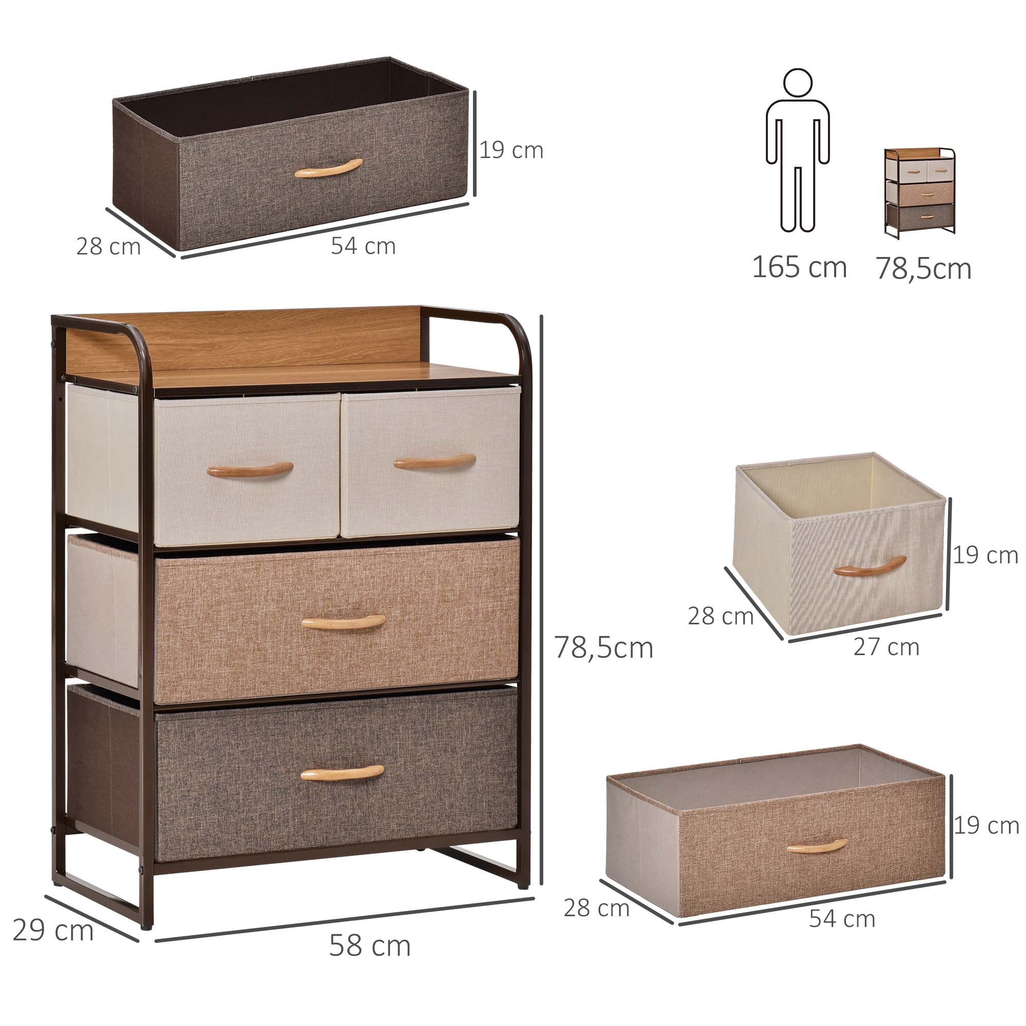 Cómoda de Tecido com 4 Cestos Removíveis – 58x29x78,5 cm – Creme, Café e Marrom – Linho, Metal e MDF