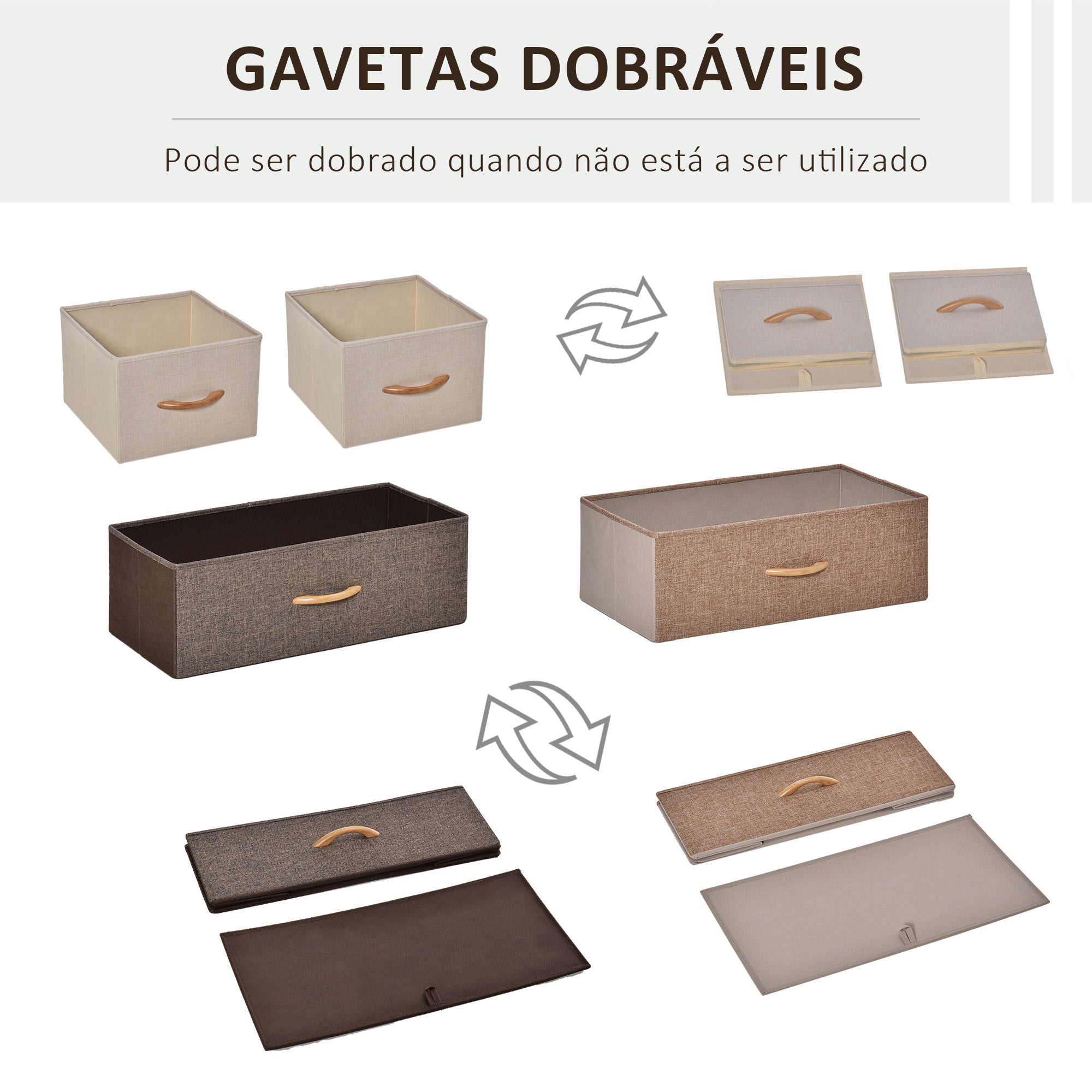 Cómoda de Tecido com 4 Cestos Removíveis – 58x29x78,5 cm – Creme, Café e Marrom – Linho, Metal e MDF