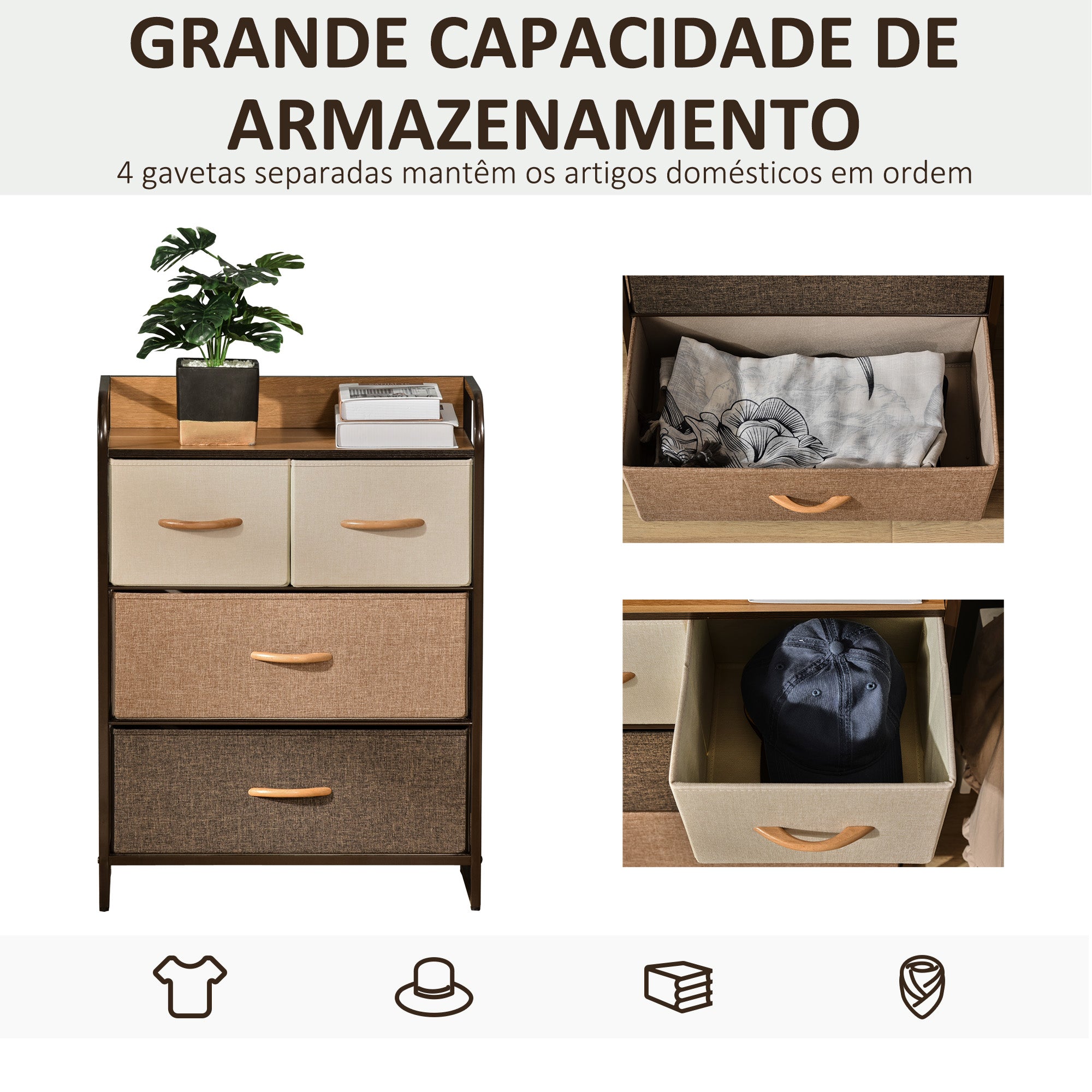 Cómoda de Tecido com 4 Cestos Removíveis – 58x29x78,5 cm – Creme, Café e Marrom – Linho, Metal e MDF