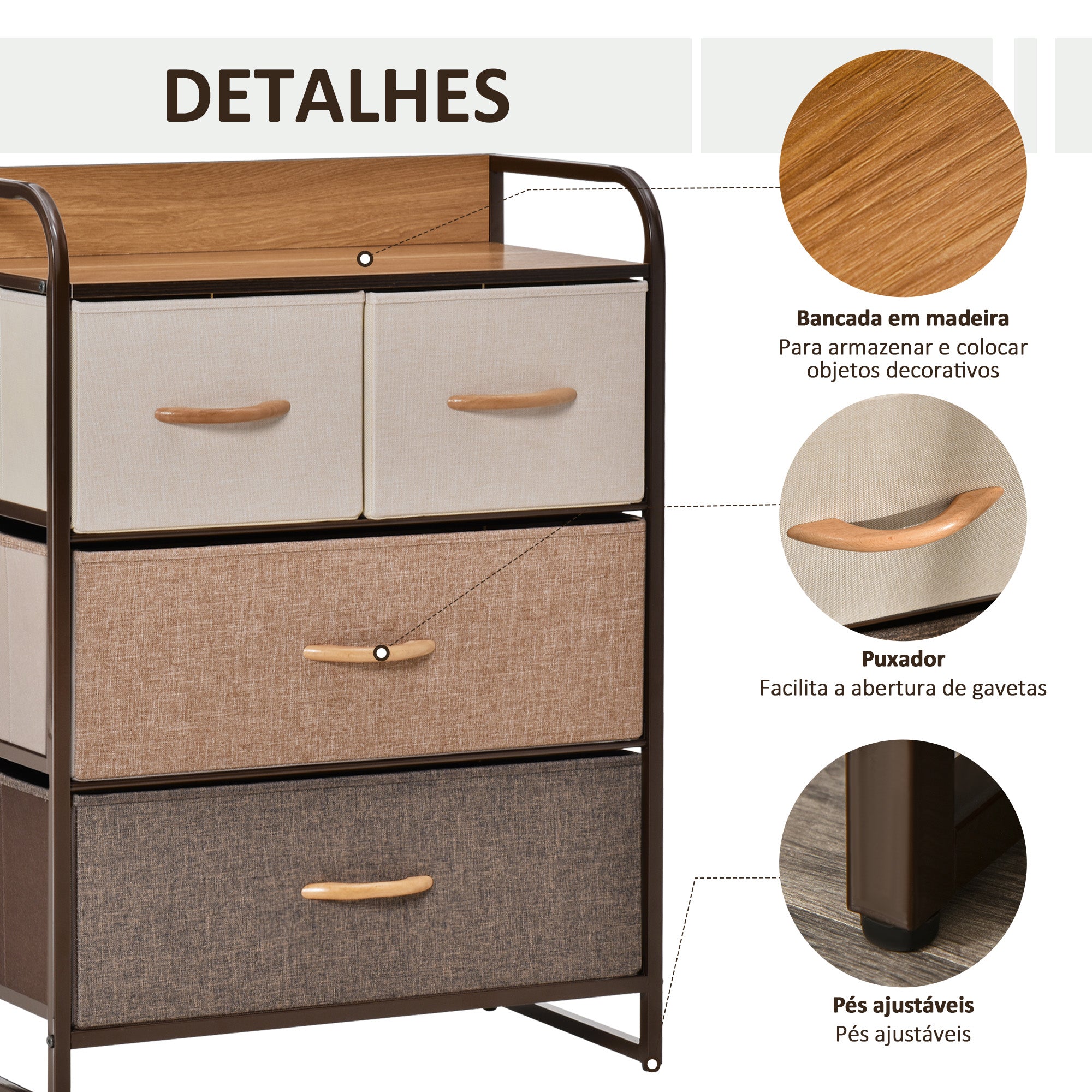 Cómoda de Tecido com 4 Cestos Removíveis – 58x29x78,5 cm – Creme, Café e Marrom – Linho, Metal e MDF
