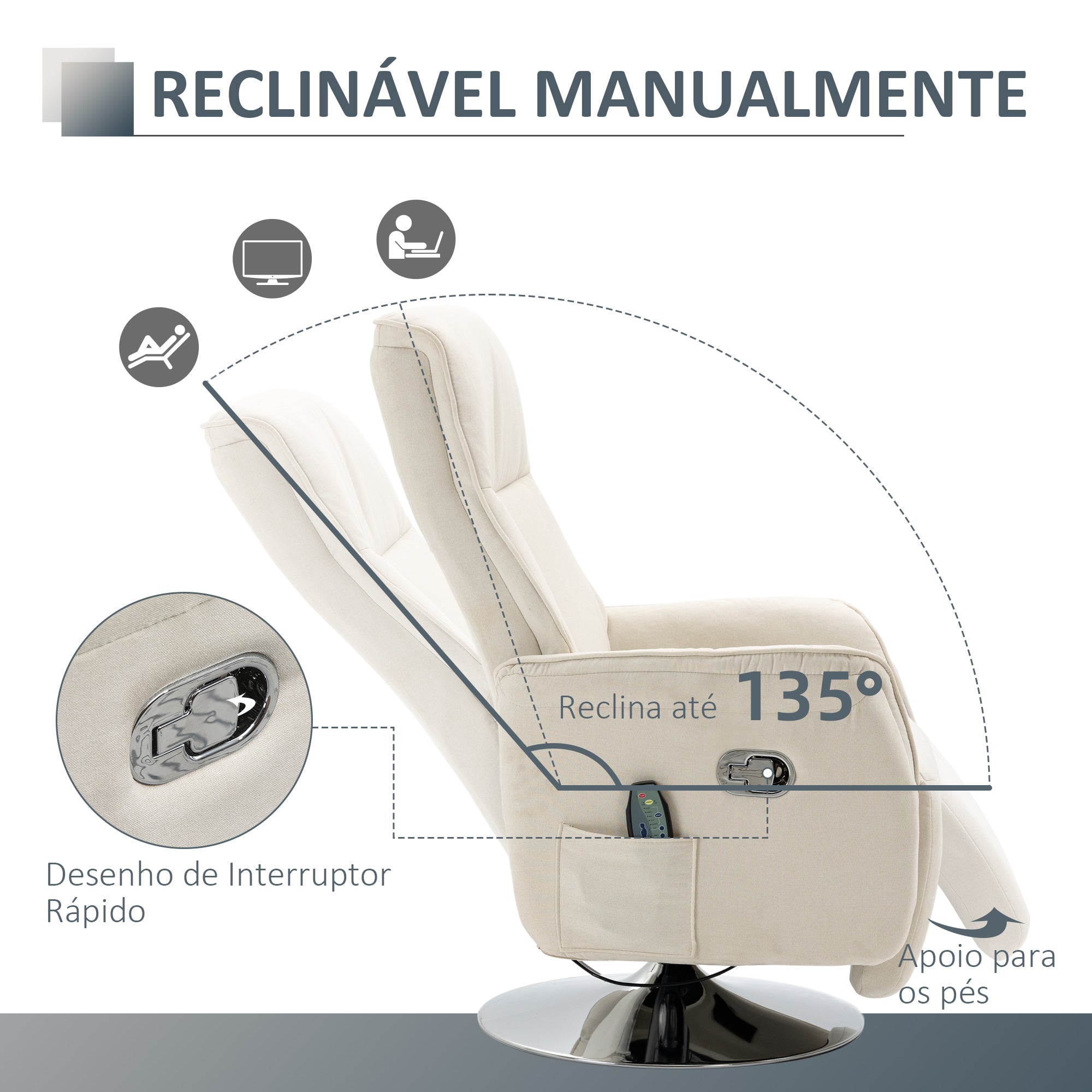 Poltrona de Massagem Elétrica Creme Branco 68.5x84x110 cm