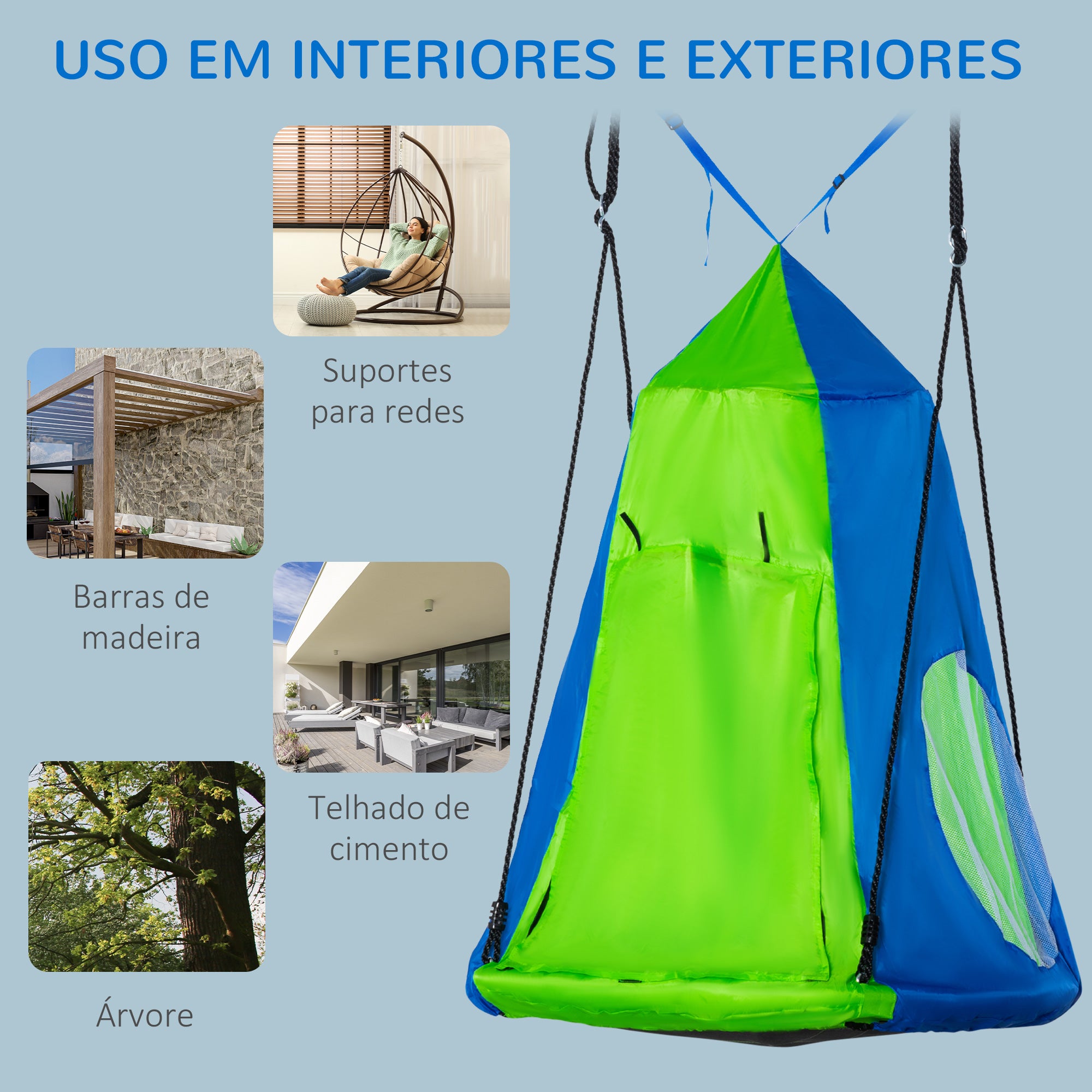 Baloiço Ninho com Tenda Infantil Ø100x180 cm Verde e Azul