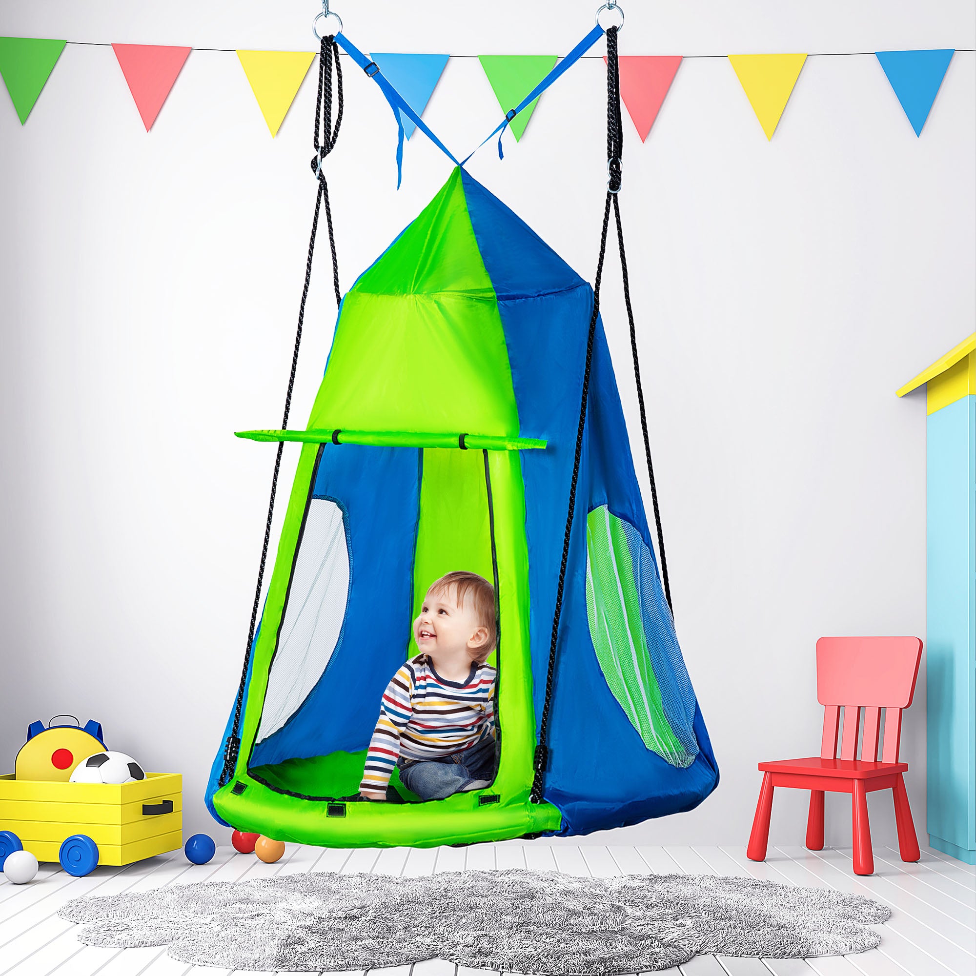 Baloiço Ninho com Tenda Infantil Ø100x180 cm Verde e Azul