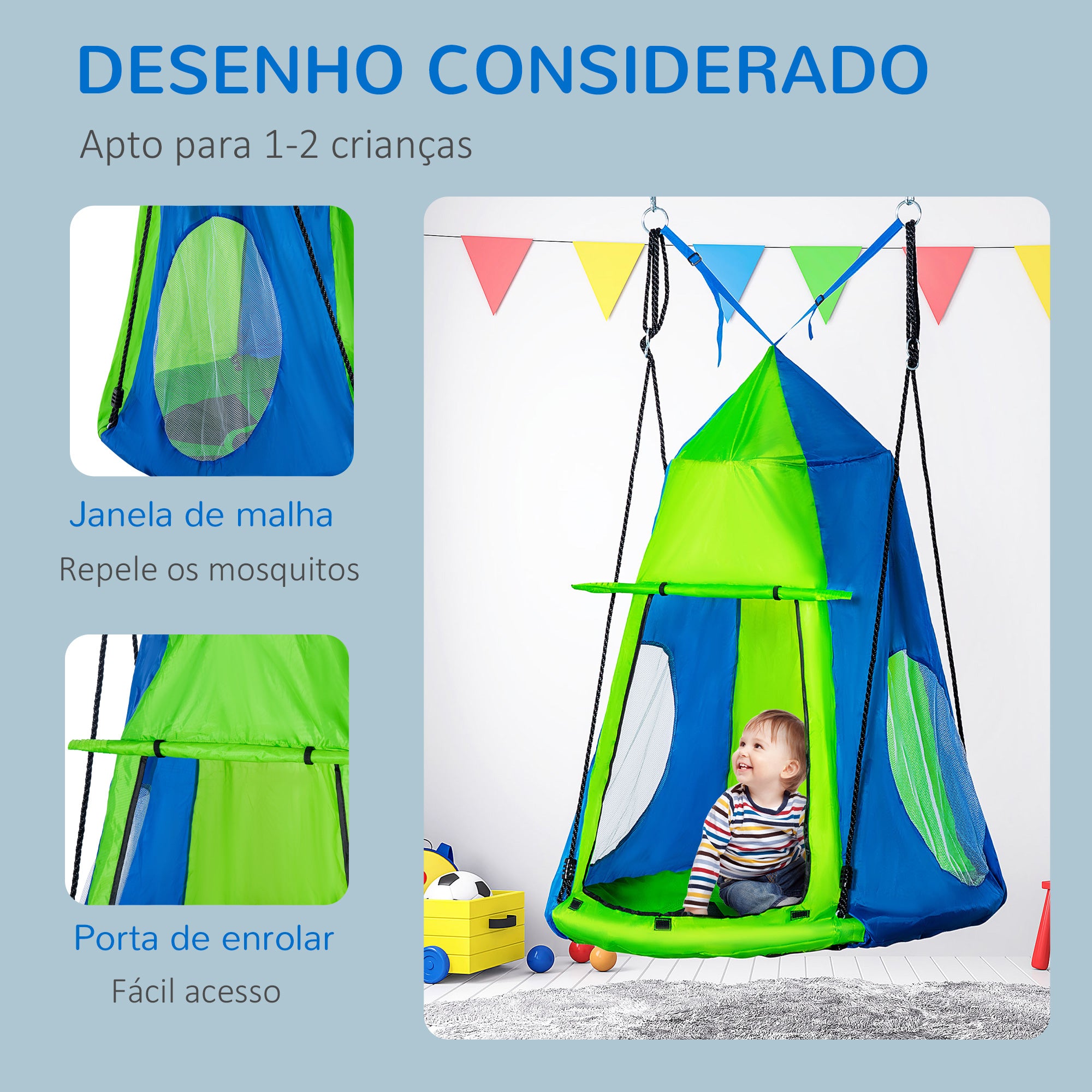 Baloiço Ninho com Tenda Infantil Ø100x180 cm Verde e Azul