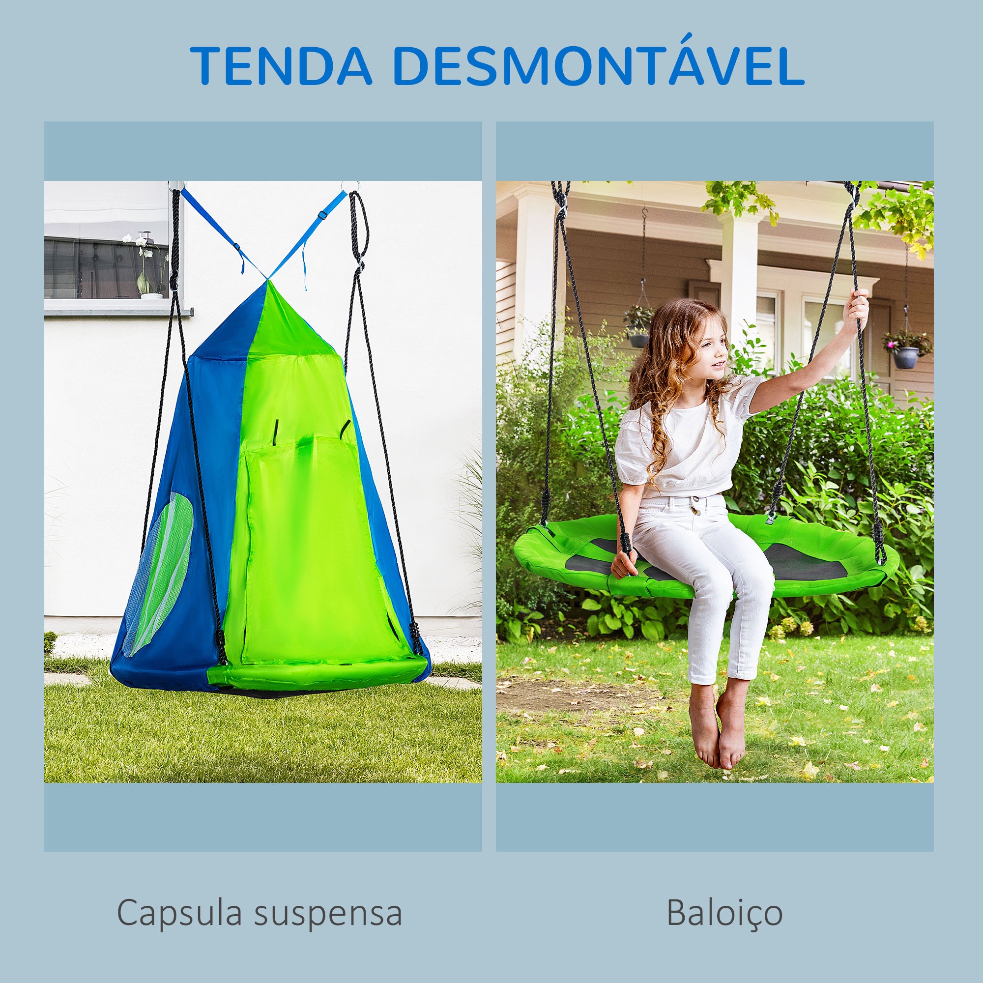 Baloiço Ninho com Tenda Infantil Ø100x180 cm Verde e Azul