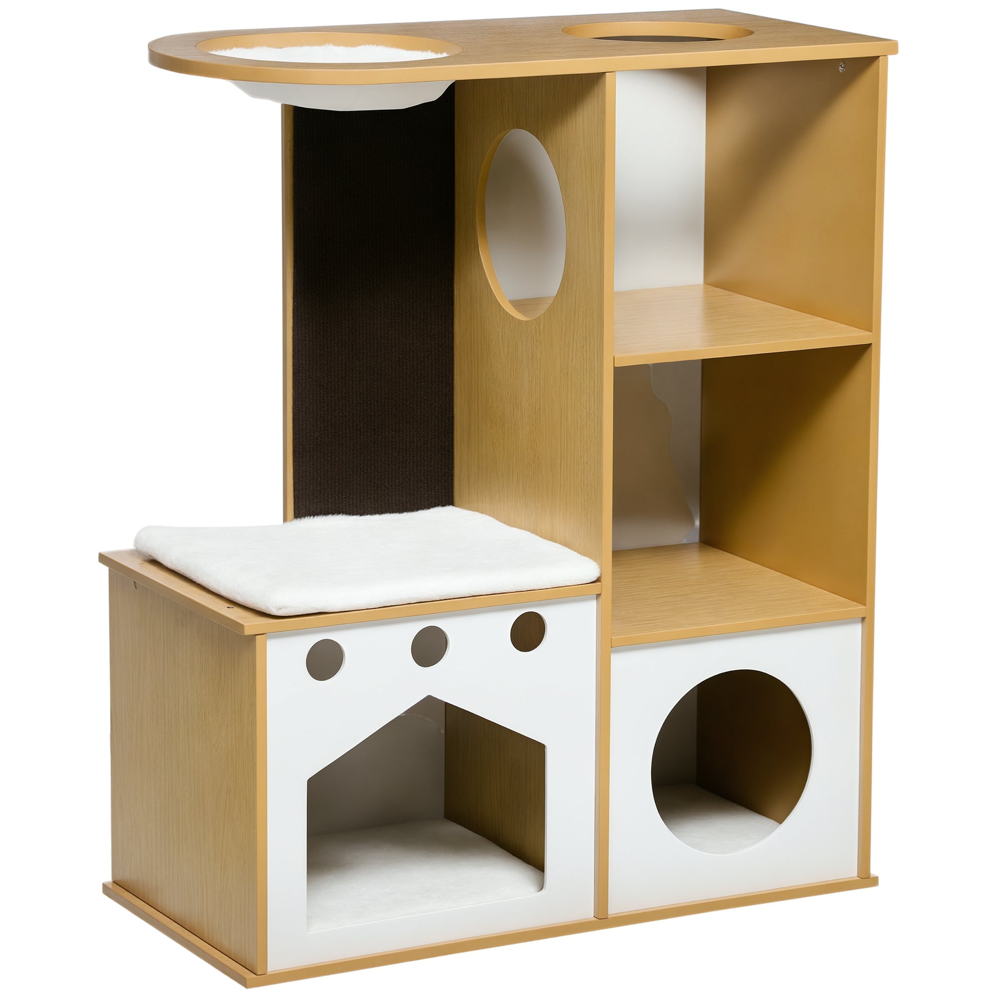 Torre para Gatos com 2 Cavernas e Rede - 76x37x92,5 cm - Carvalho e Branco