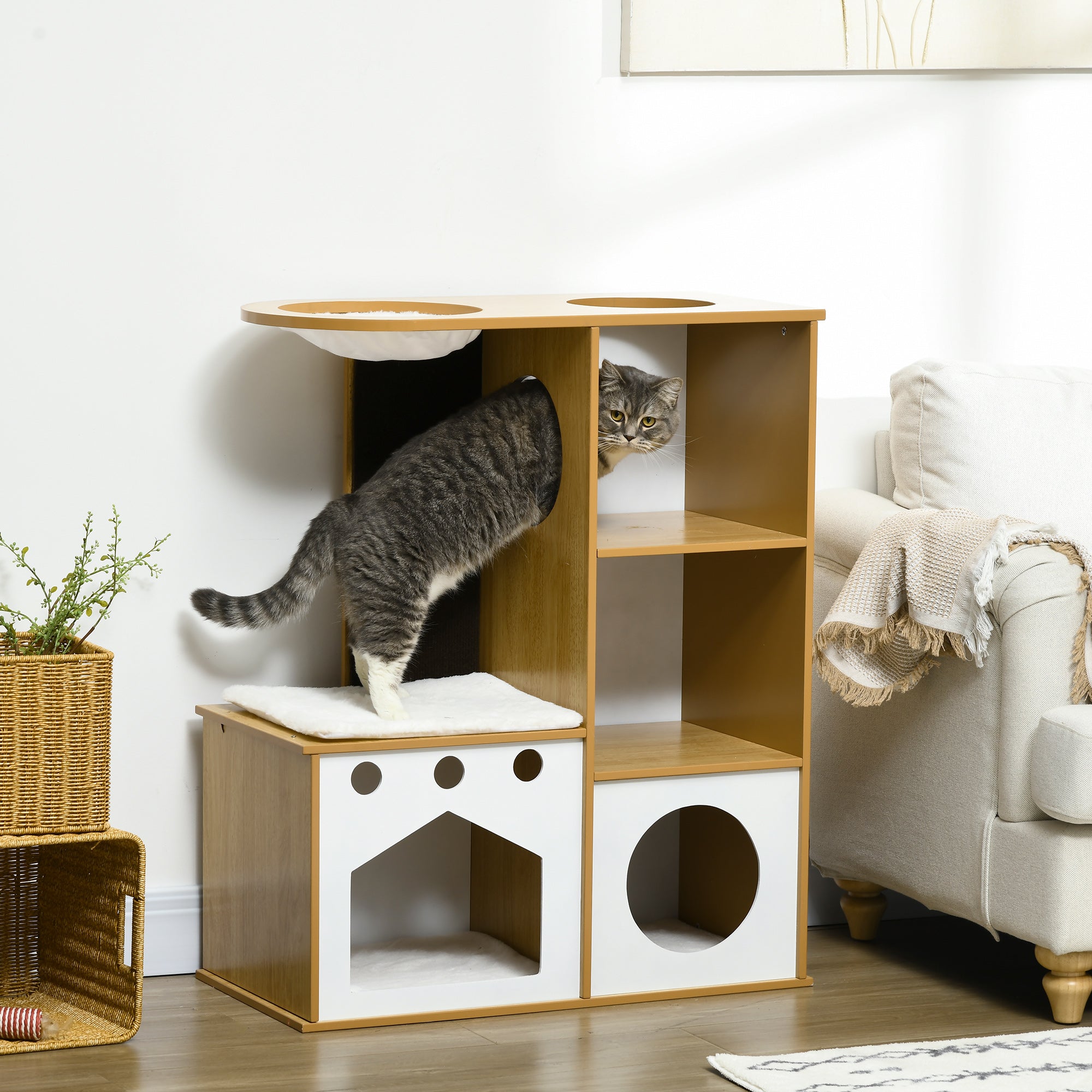 Torre para Gatos com 2 Cavernas e Rede - 76x37x92,5 cm - Carvalho e Branco