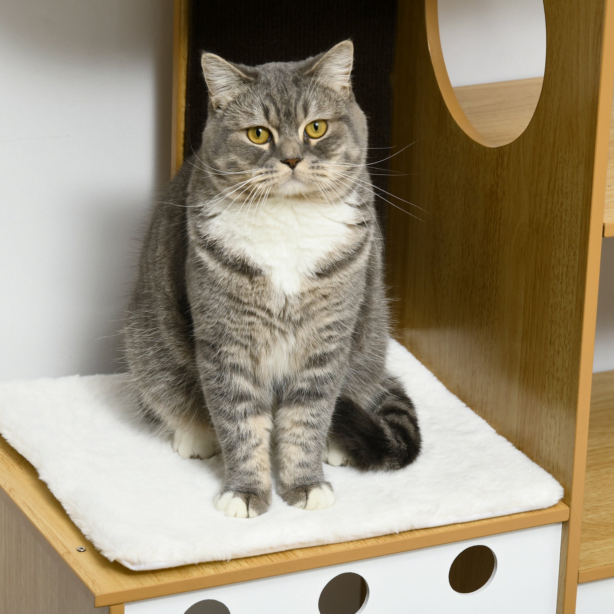 Torre para Gatos com 2 Cavernas e Rede - 76x37x92,5 cm - Carvalho e Branco