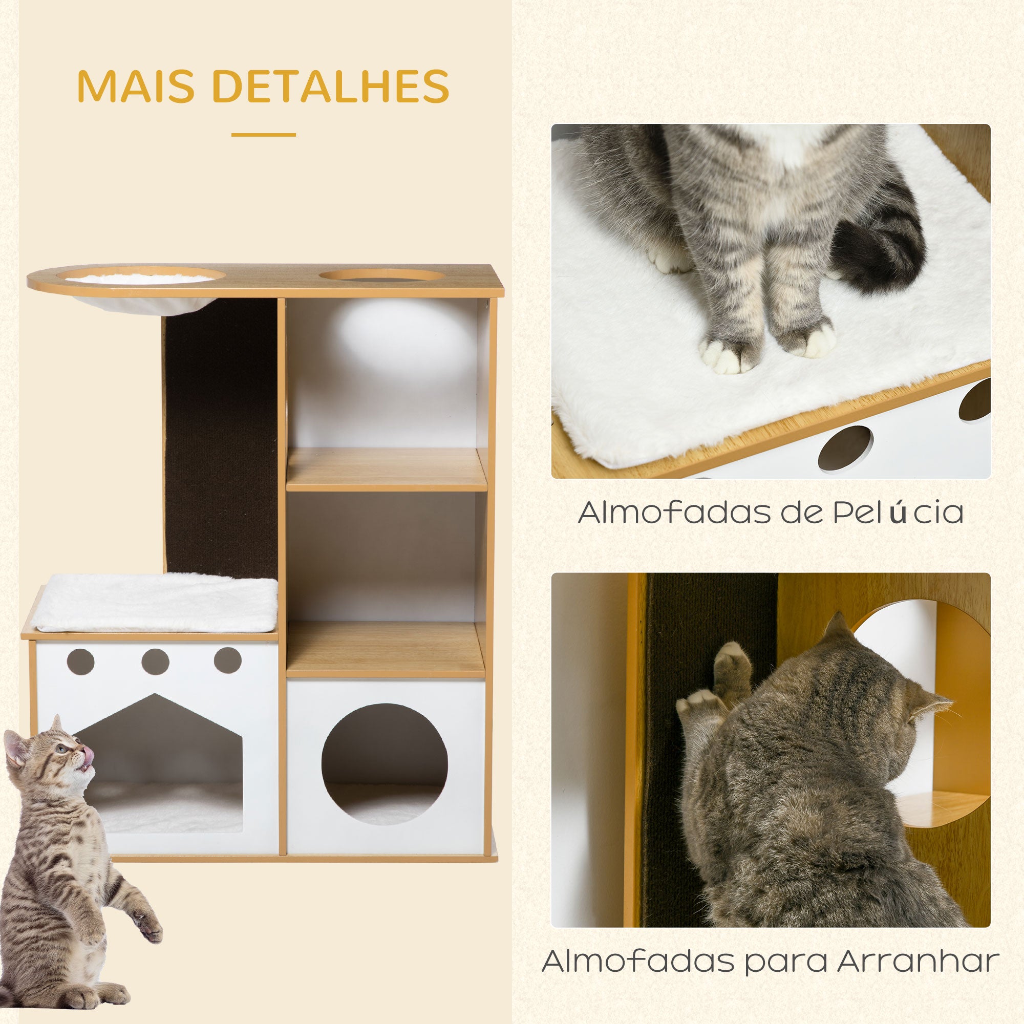 Torre para Gatos com 2 Cavernas e Rede - 76x37x92,5 cm - Carvalho e Branco