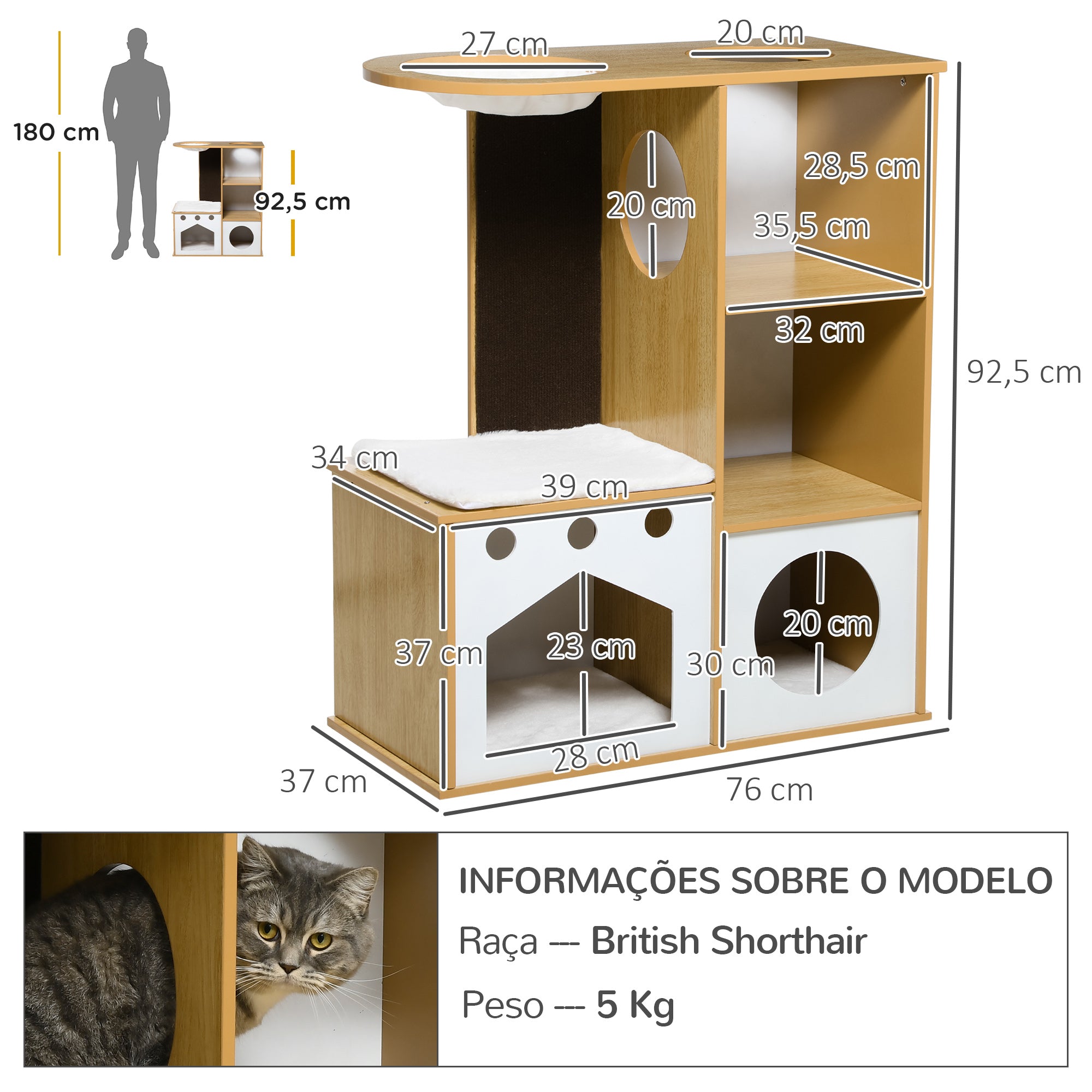 Torre para Gatos com 2 Cavernas e Rede - 76x37x92,5 cm - Carvalho e Branco