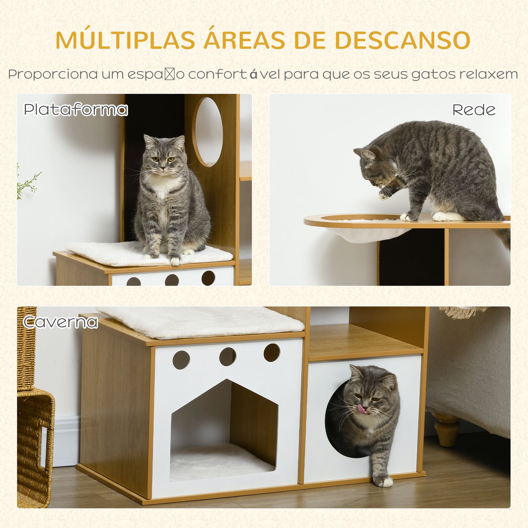 Torre para Gatos com 2 Cavernas e Rede - 76x37x92,5 cm - Carvalho e Branco