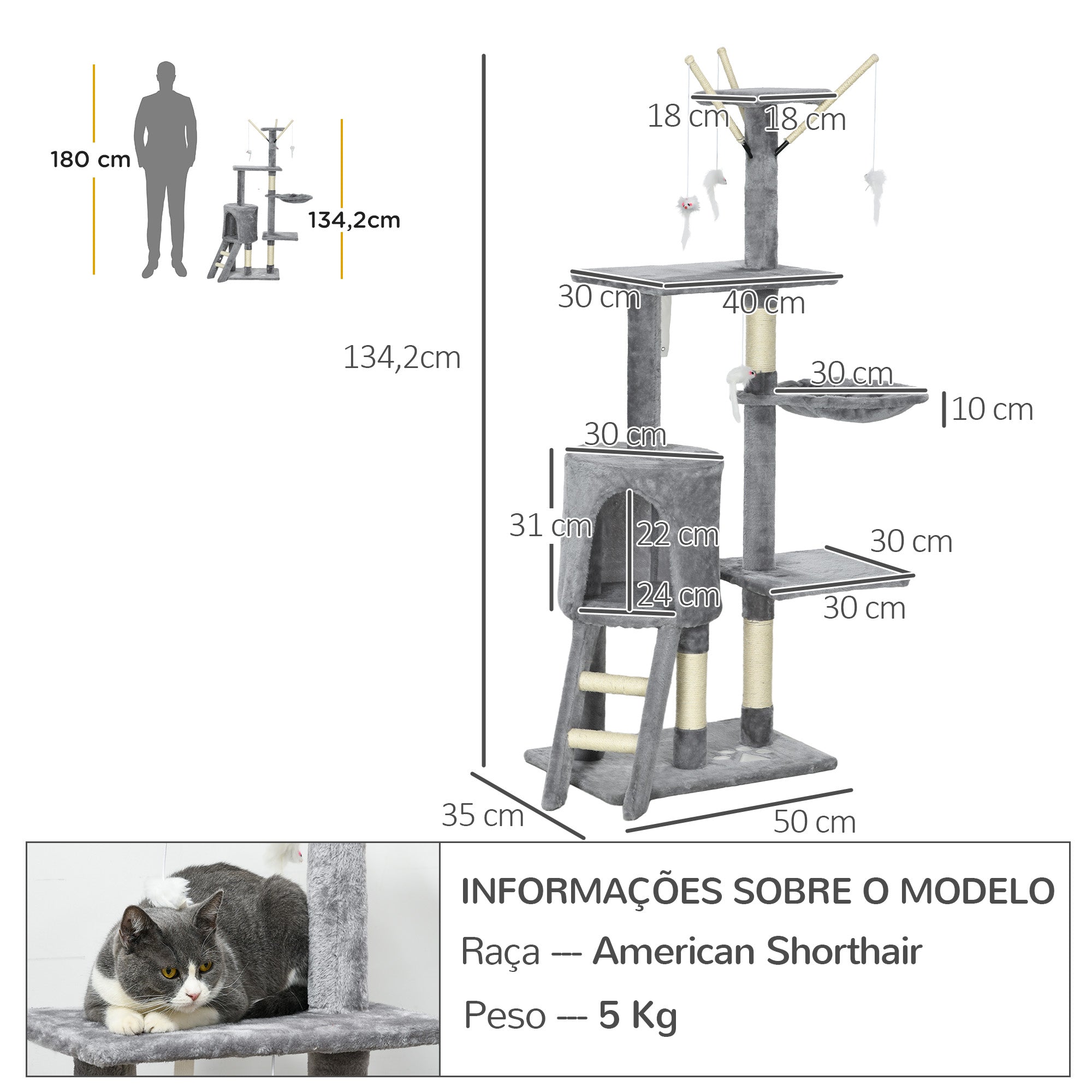 Arranhador para Gatos Cinzento de 134,2 cm - PawHut - 50x35x134,2 cm