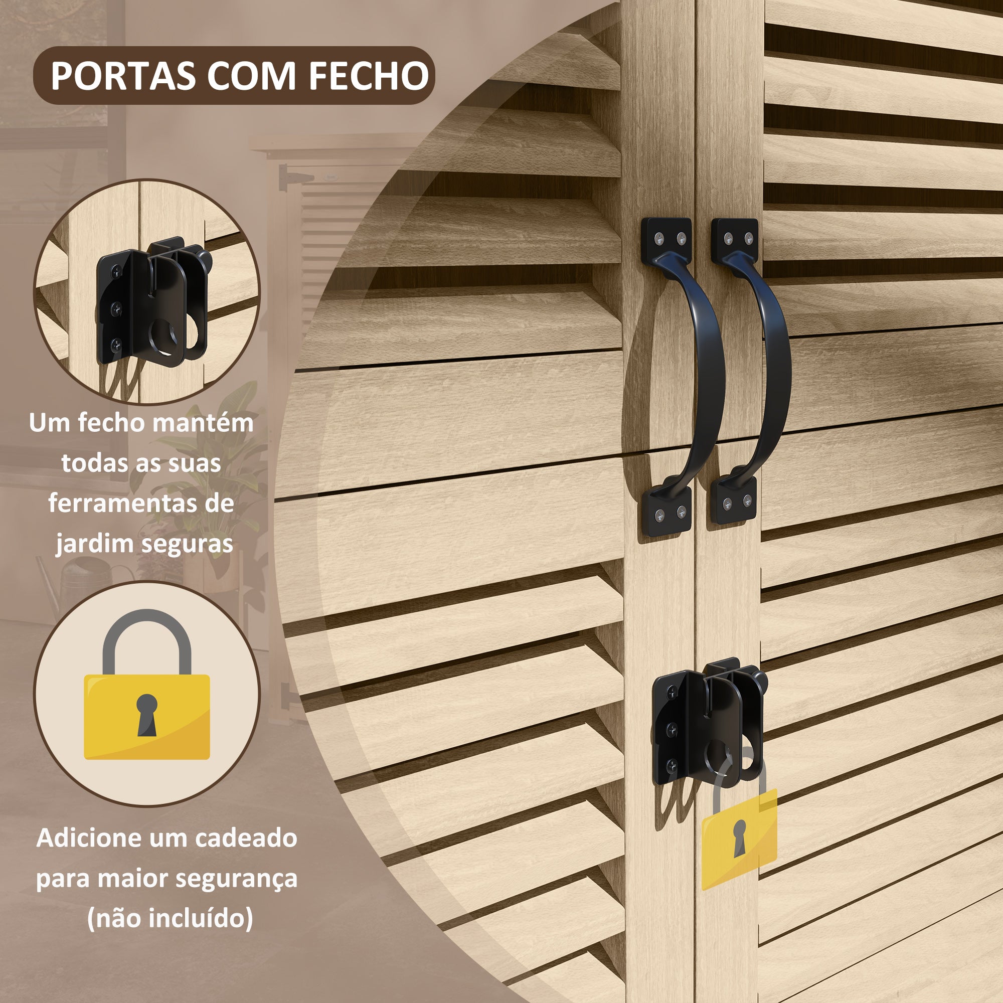 Armário de Jardim de Madeira Natural 127x65x168 cm com Telhado Impermeável