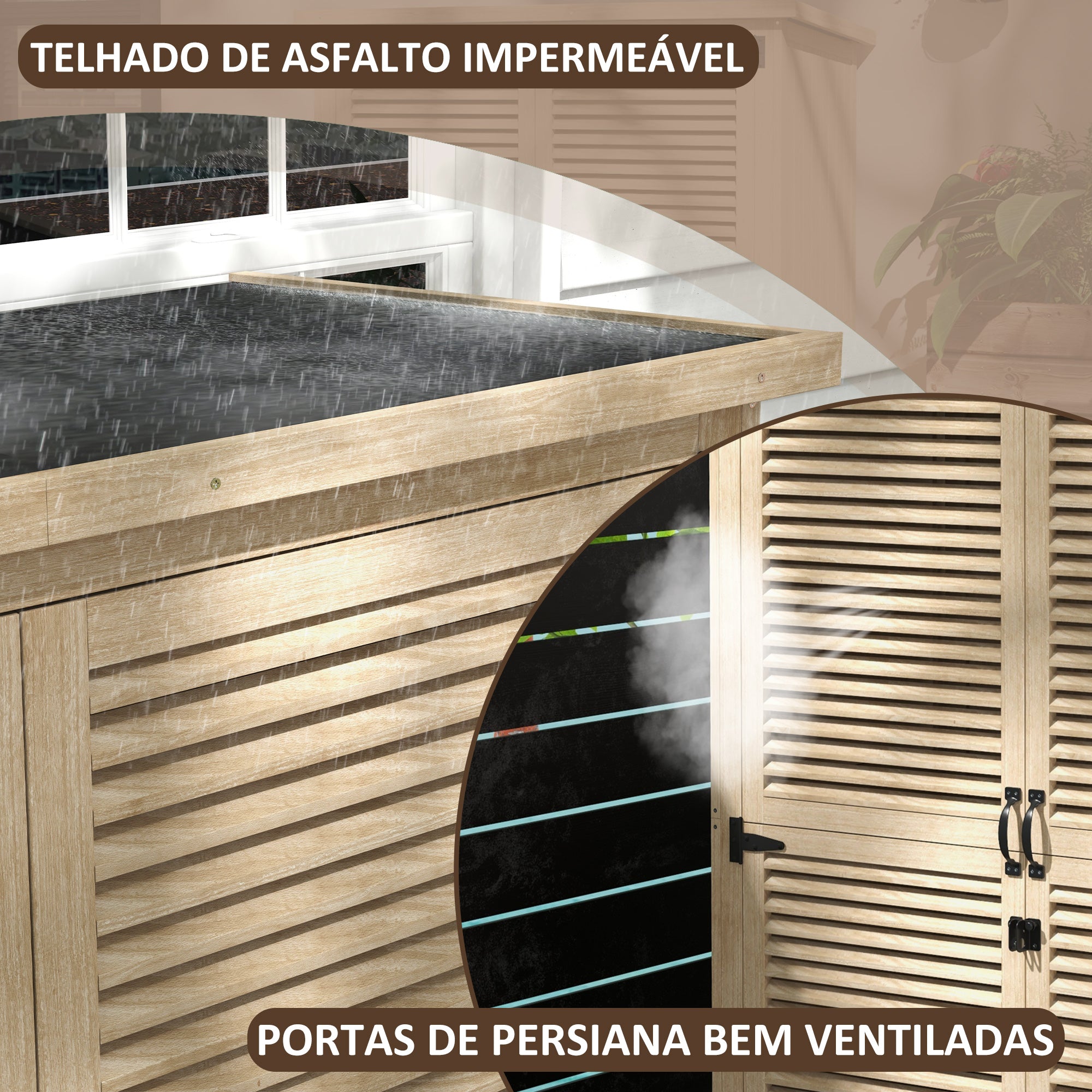 Armário de Jardim de Madeira Natural 127x65x168 cm com Telhado Impermeável