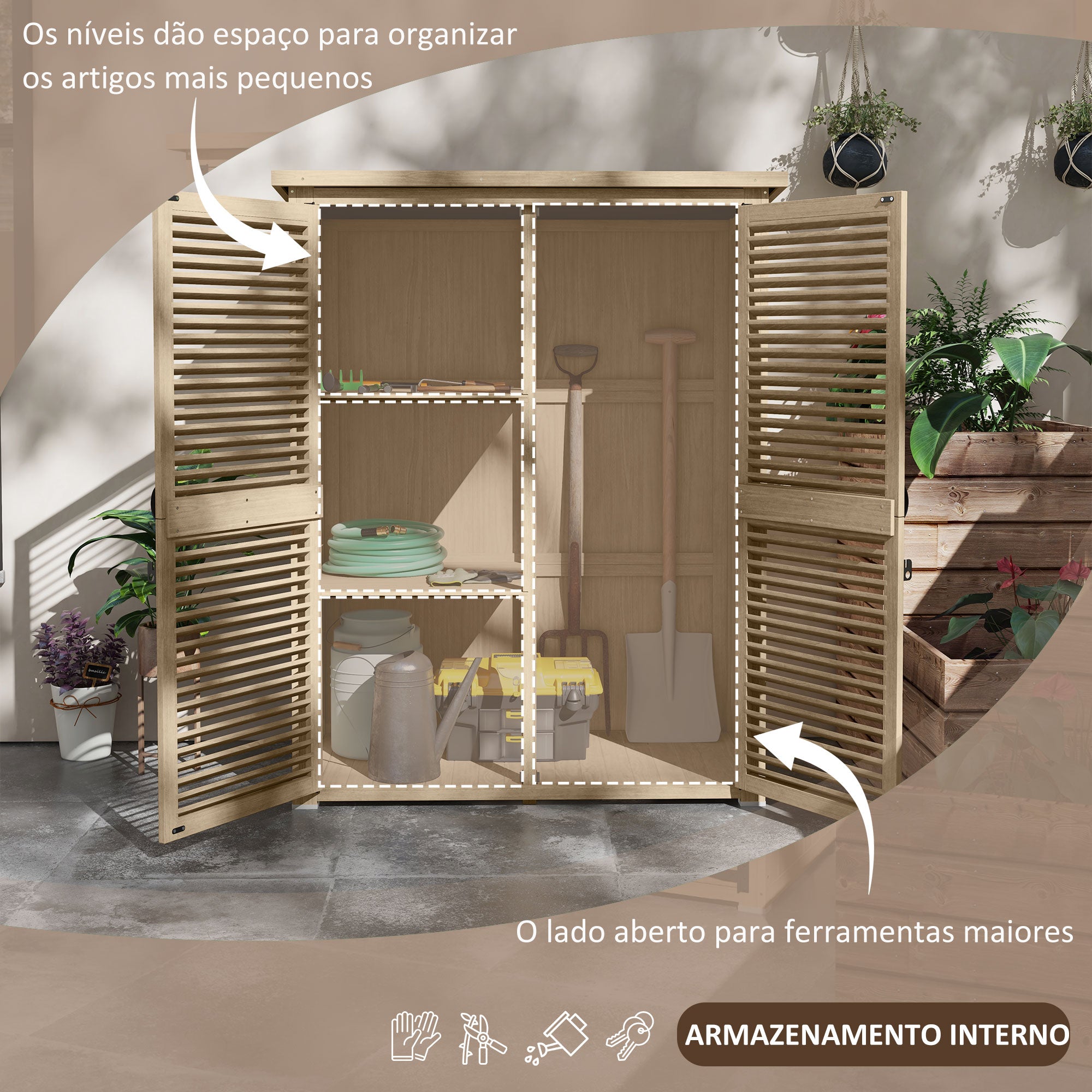 Armário de Jardim de Madeira Natural 127x65x168 cm com Telhado Impermeável