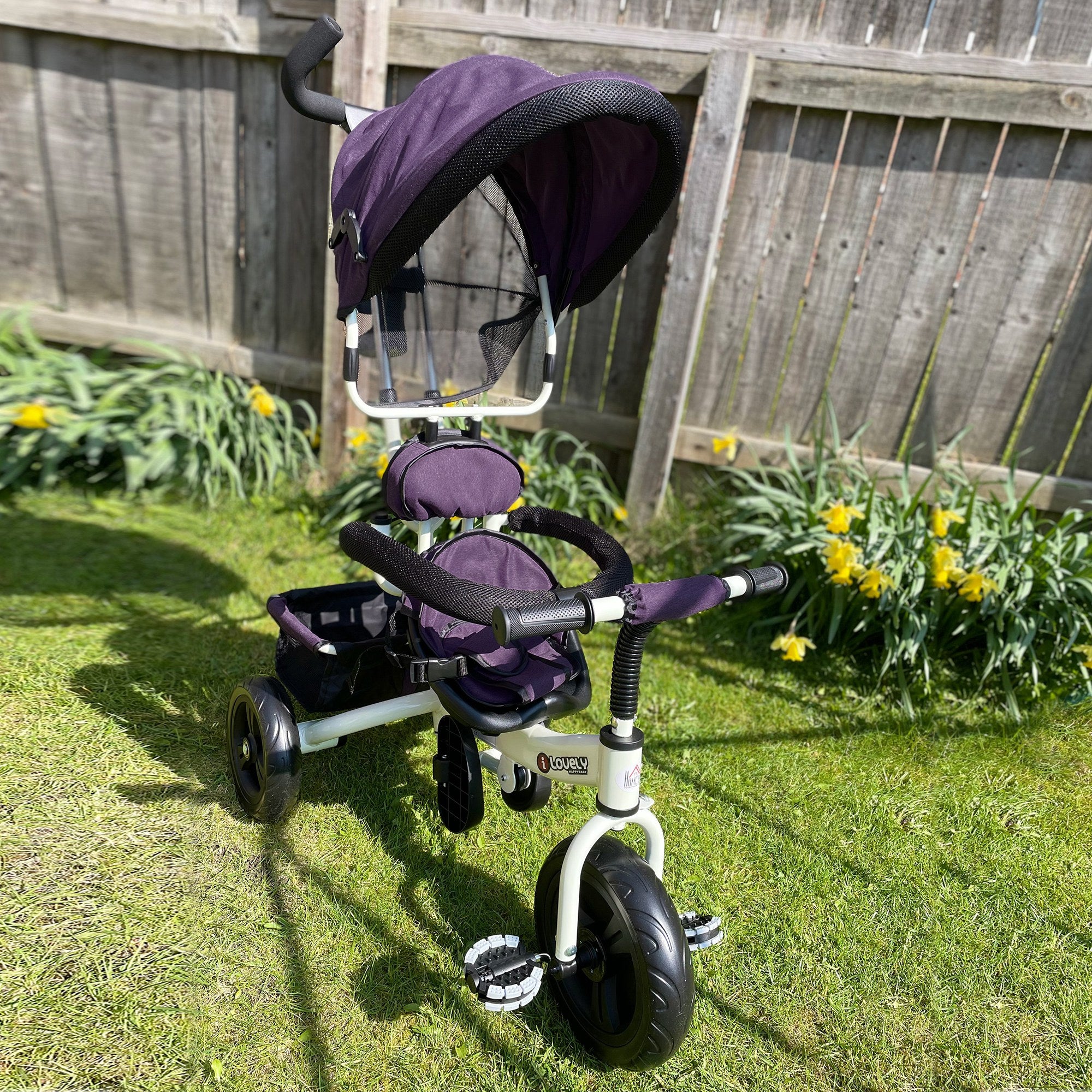 Triciclo Infantil com Capota - Roxo e Branco - 92 x 51 x 110 cm