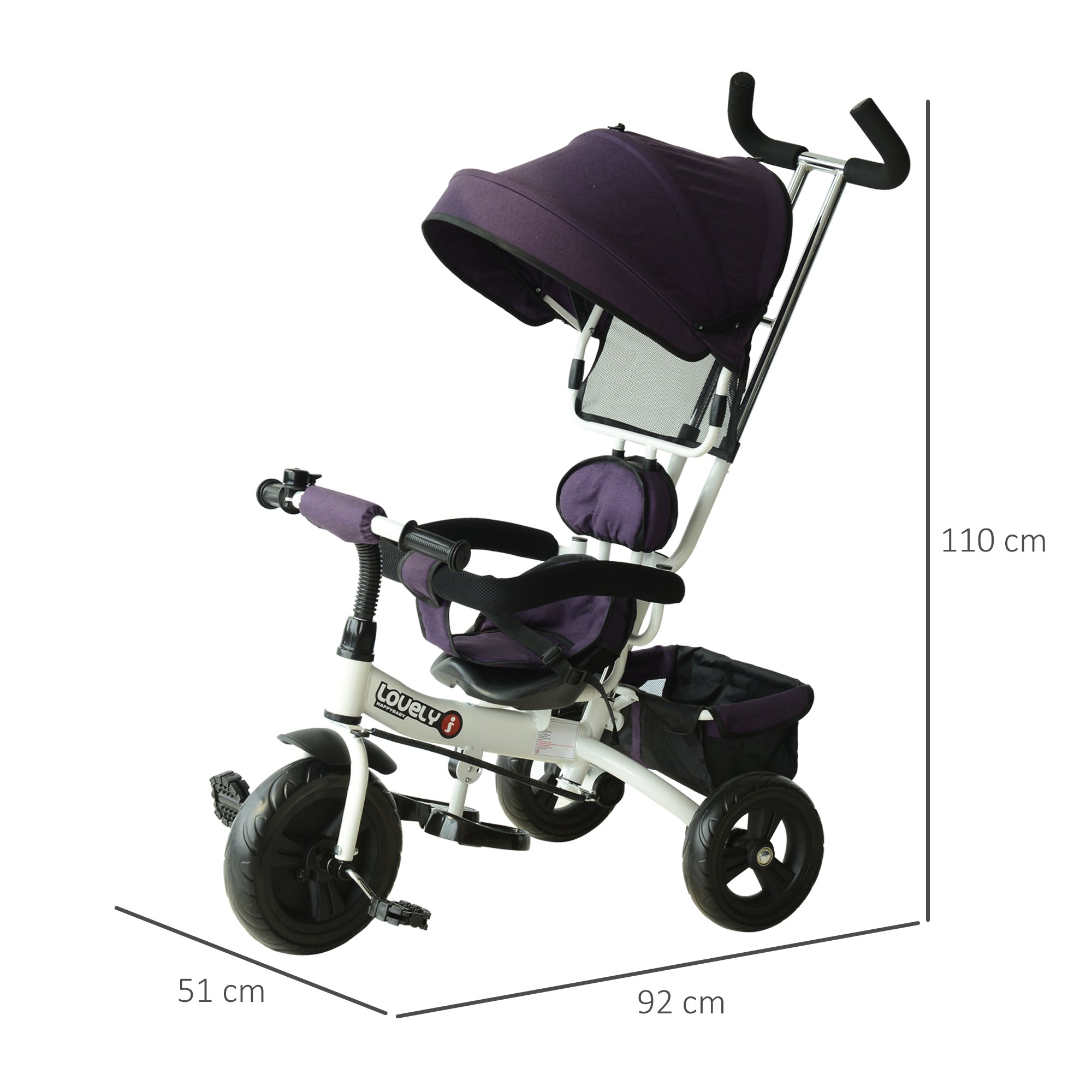 Triciclo Infantil com Capota - Roxo e Branco - 92 x 51 x 110 cm
