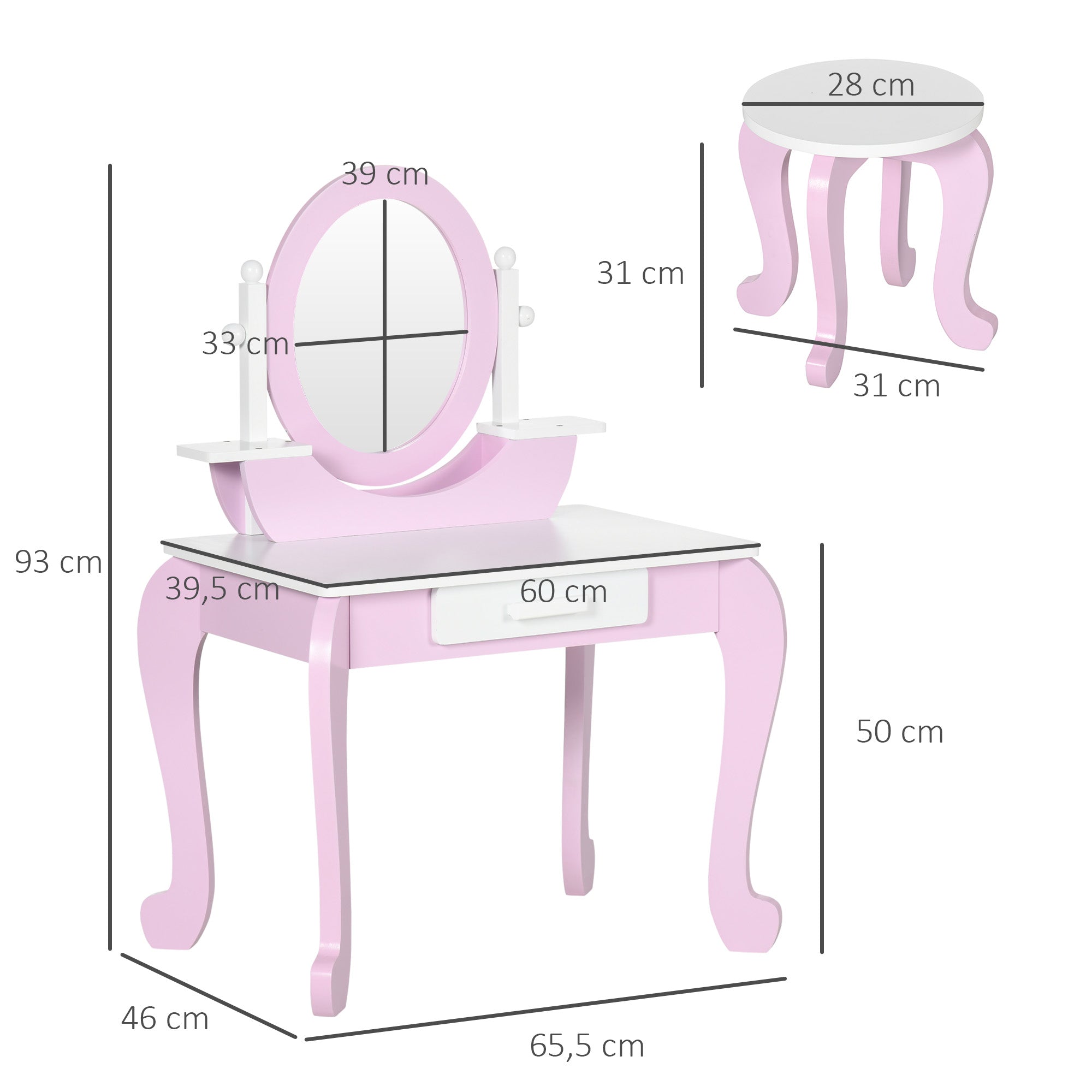 Toucador Infantil com Banco Rosa 65,5x46x93cm