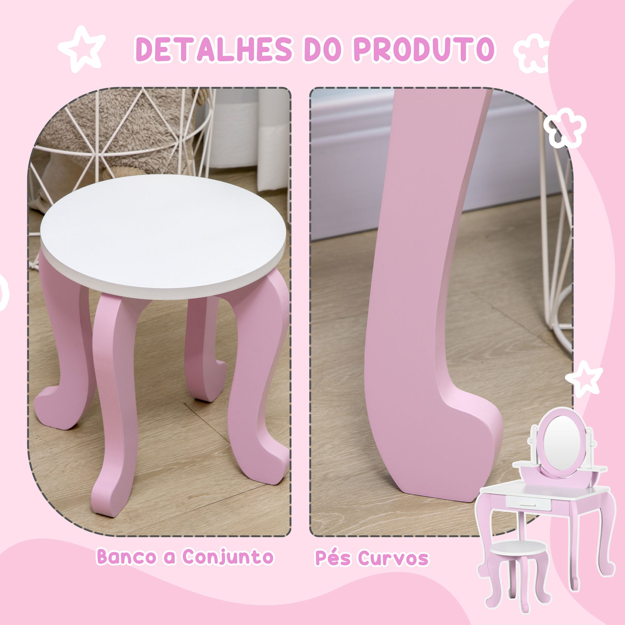 Toucador Infantil com Banco Rosa 65,5x46x93cm