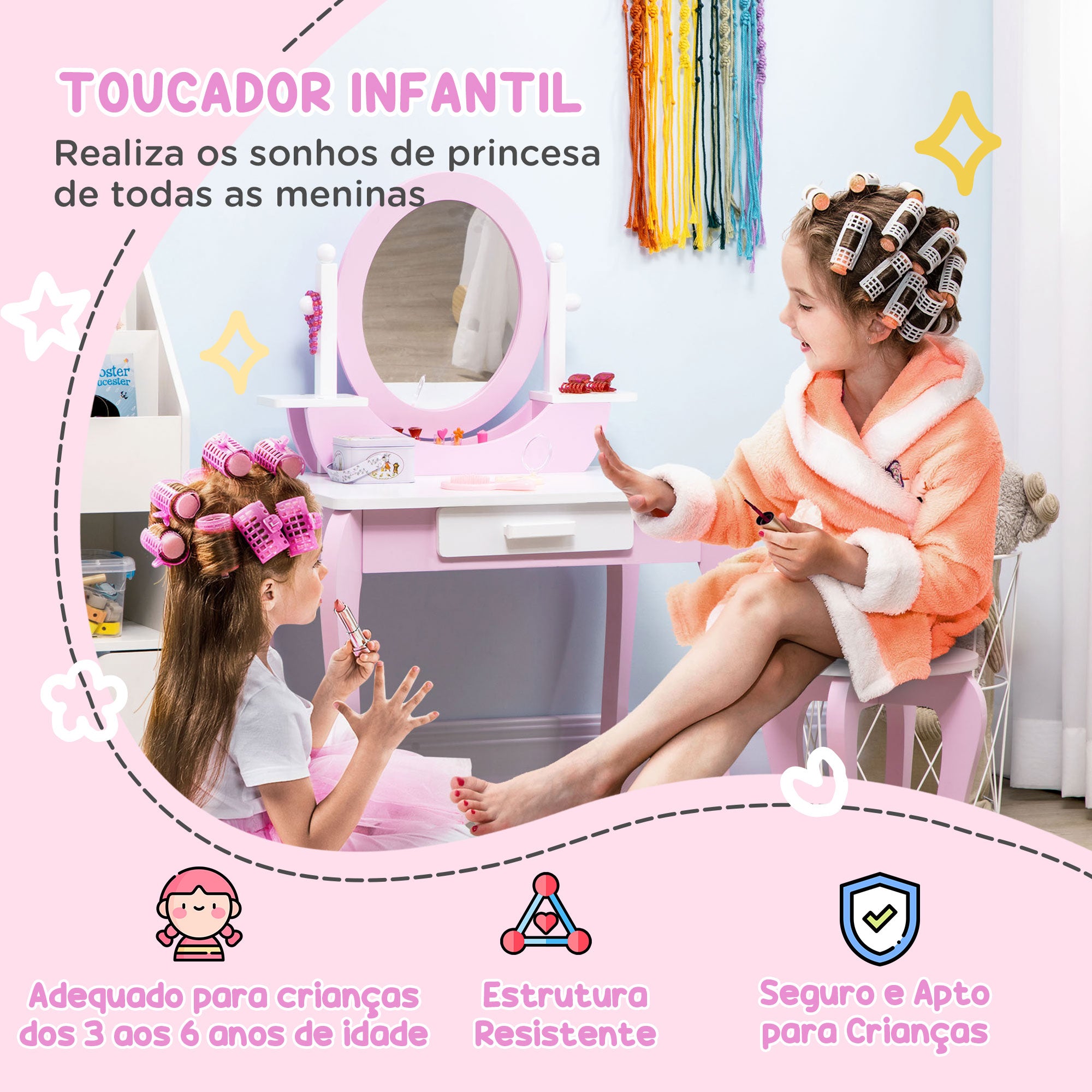 Toucador Infantil com Banco Rosa 65,5x46x93cm