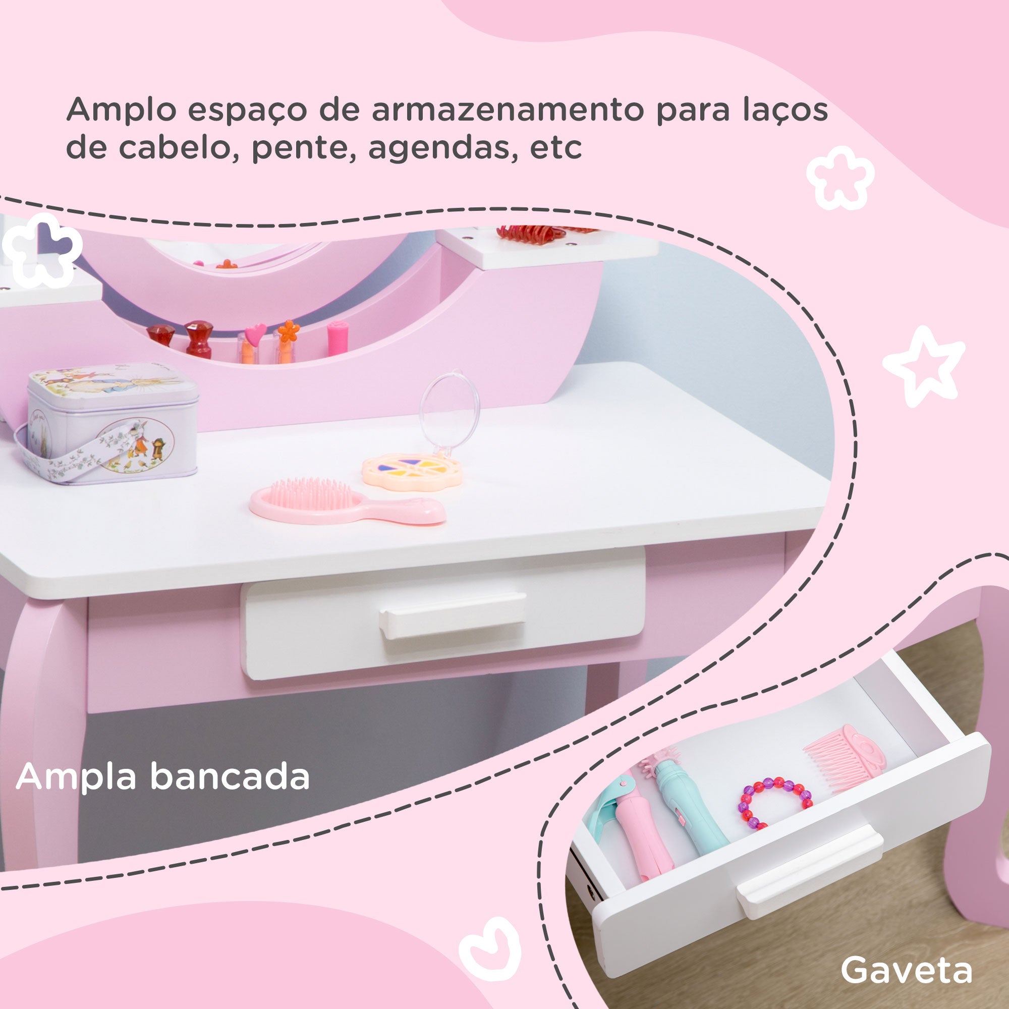 Toucador Infantil com Banco Rosa 65,5x46x93cm
