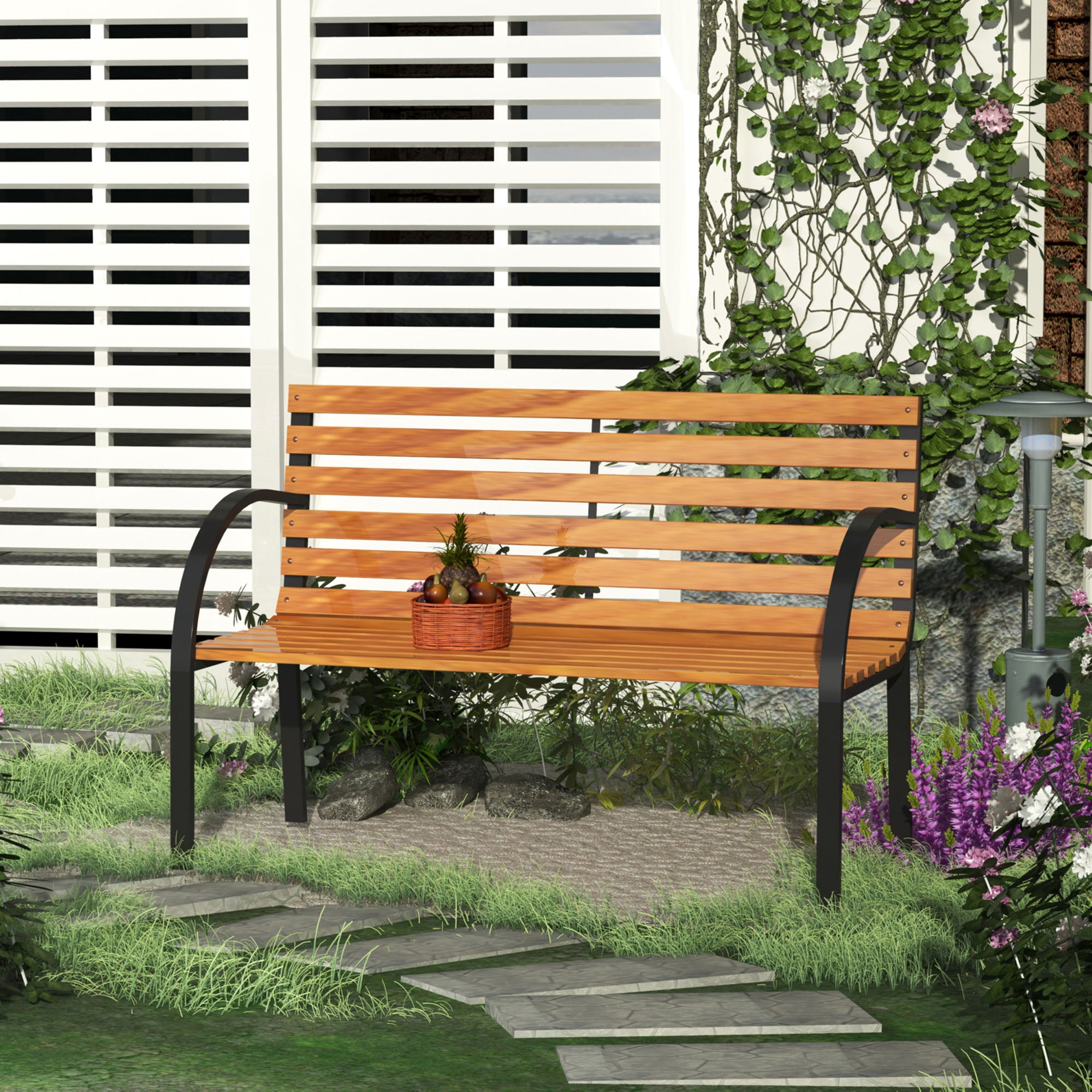 Banco de Jardim 2 Lugares Ripas de Madeira e Aço 122x60x80 cm Cor Natural e Preto