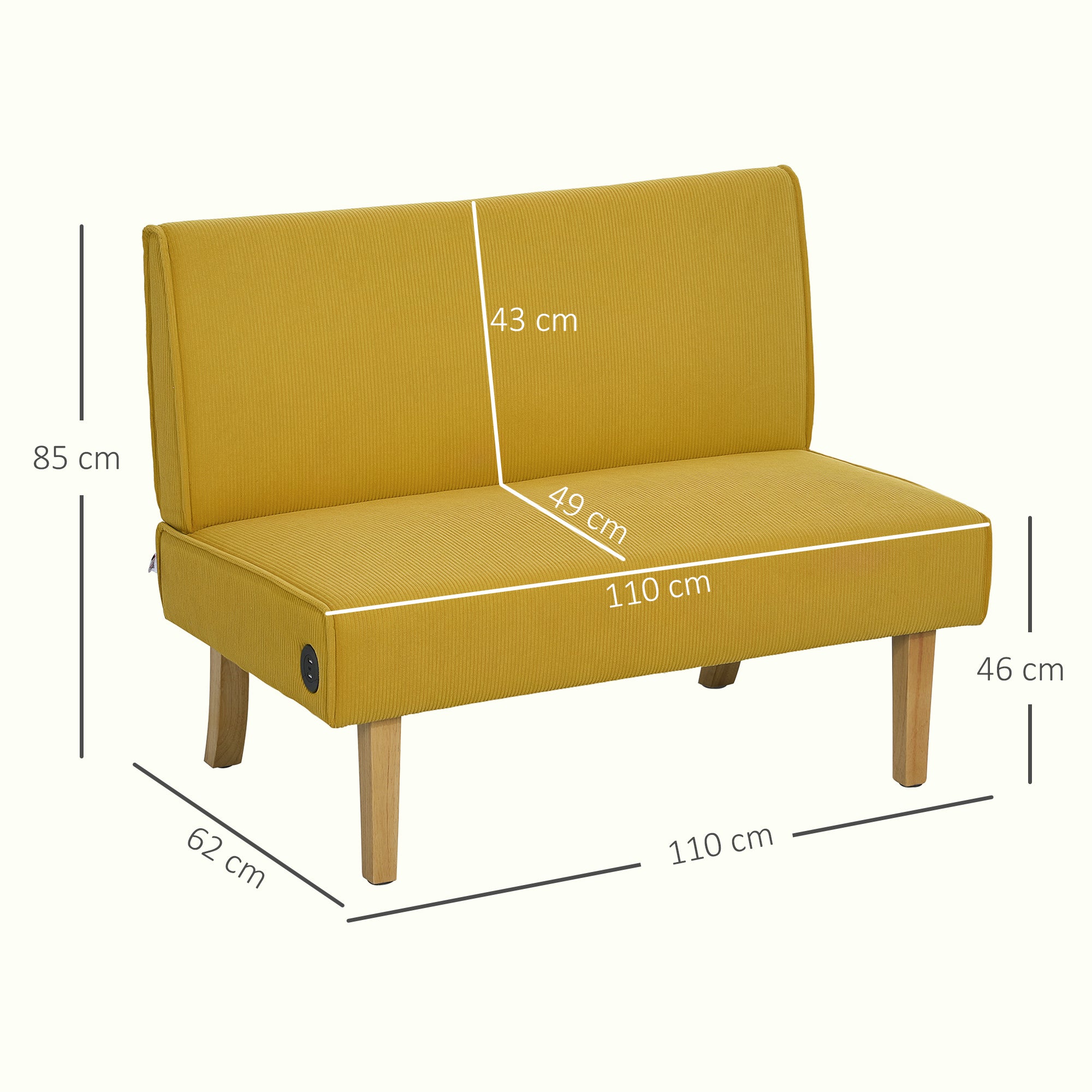 Sofá de 2 Lugares Amarelo 110x62x85 cm em Veludo Cotelê