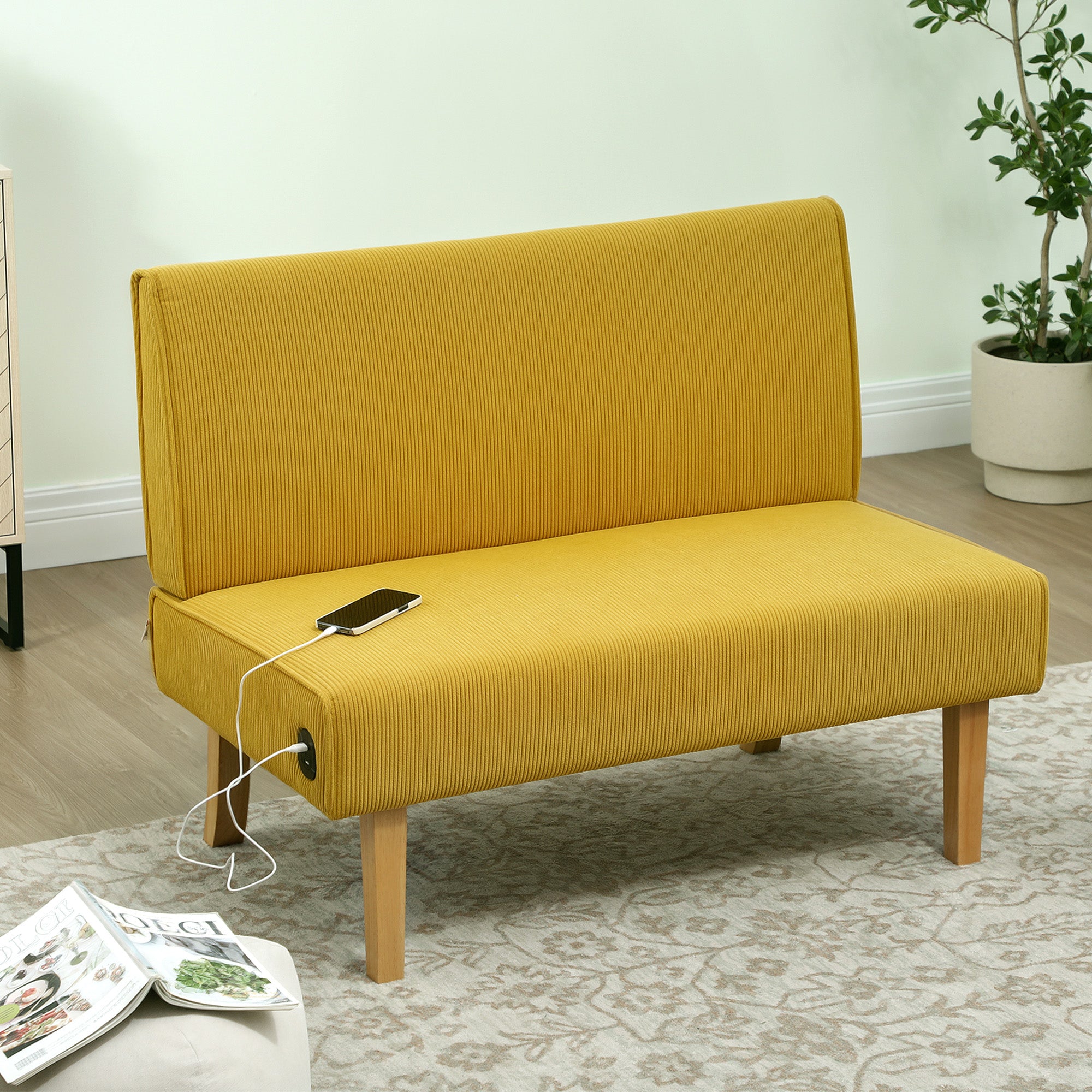 Sofá de 2 Lugares Amarelo 110x62x85 cm em Veludo Cotelê