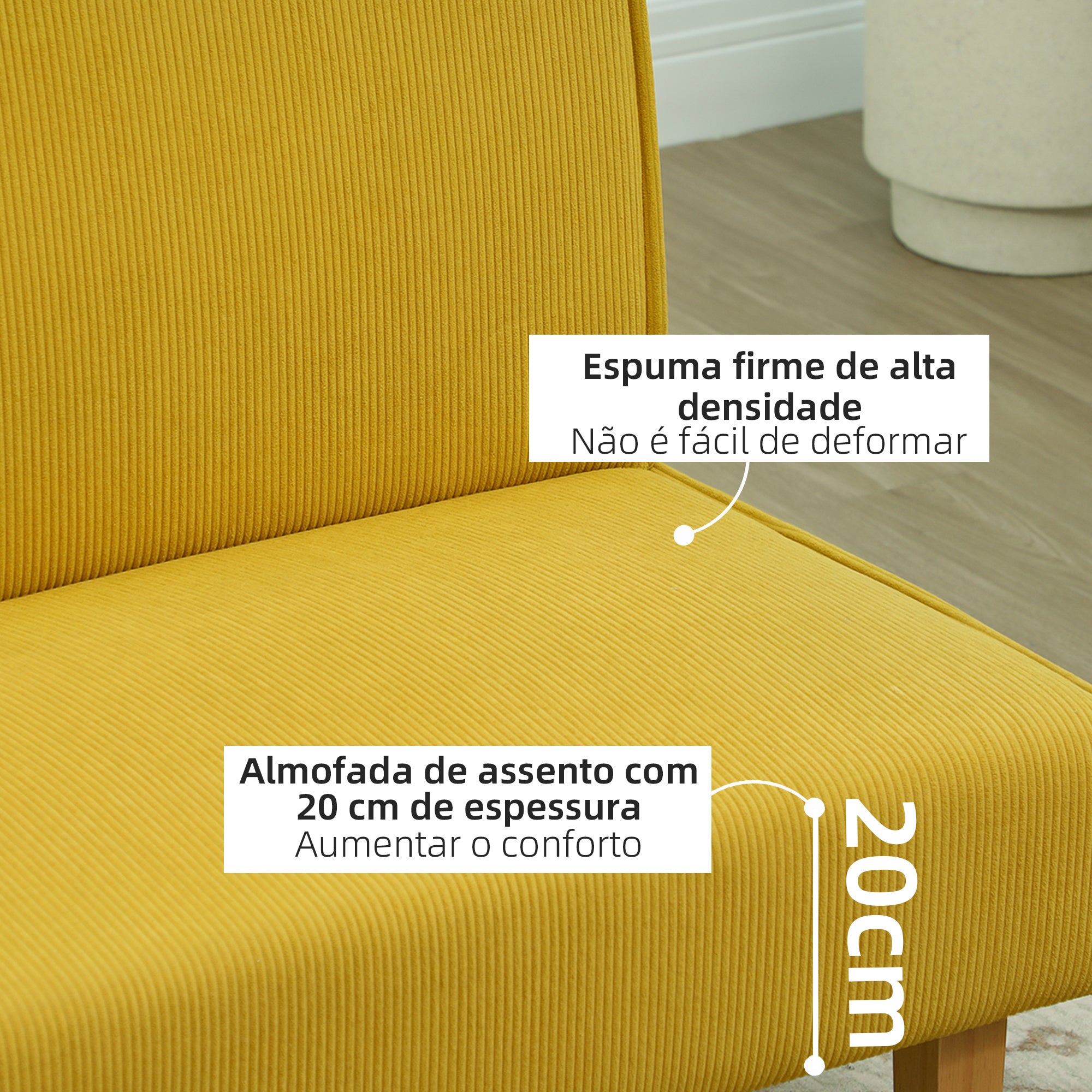 Sofá de 2 Lugares Amarelo 110x62x85 cm em Veludo Cotelê