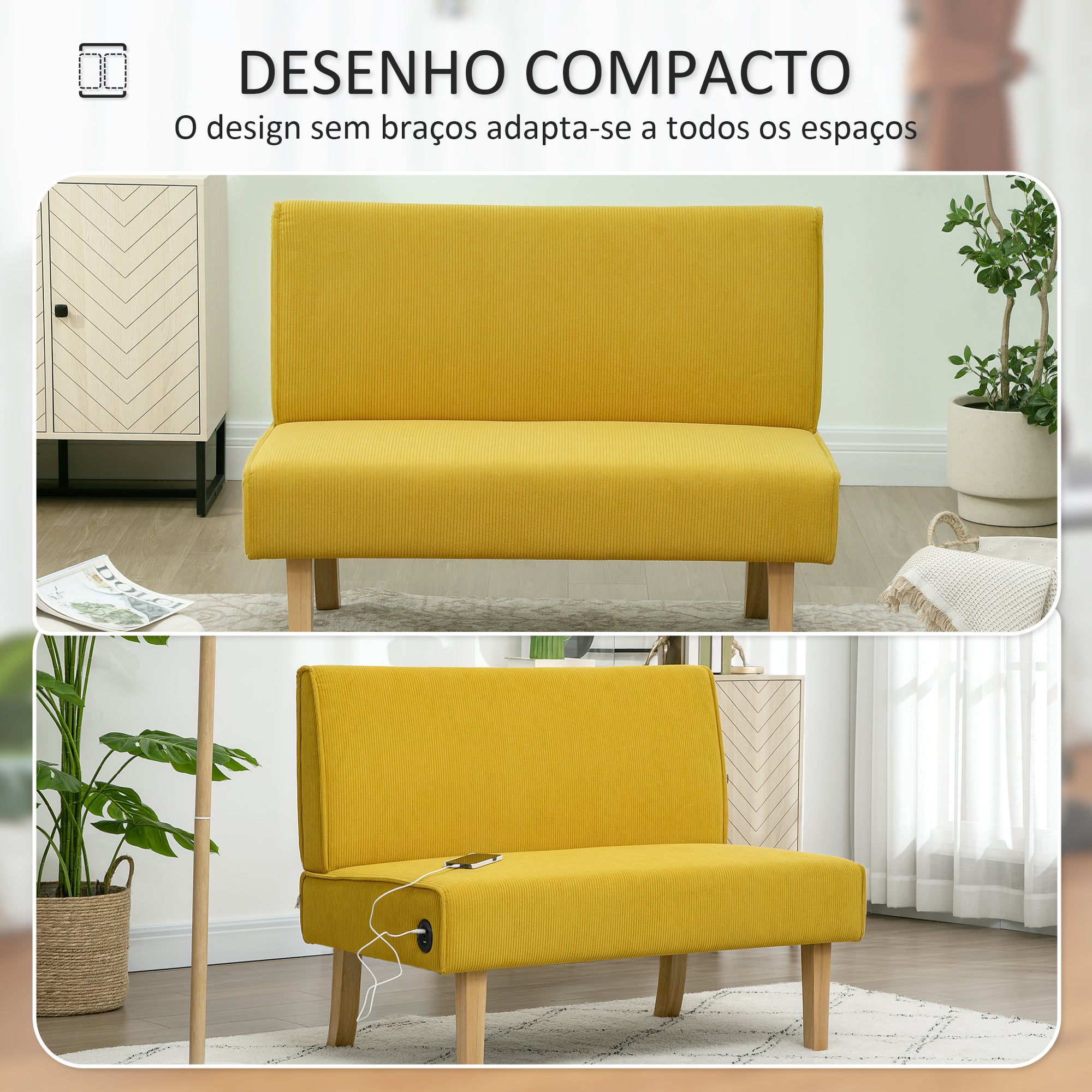 Sofá de 2 Lugares Amarelo 110x62x85 cm em Veludo Cotelê