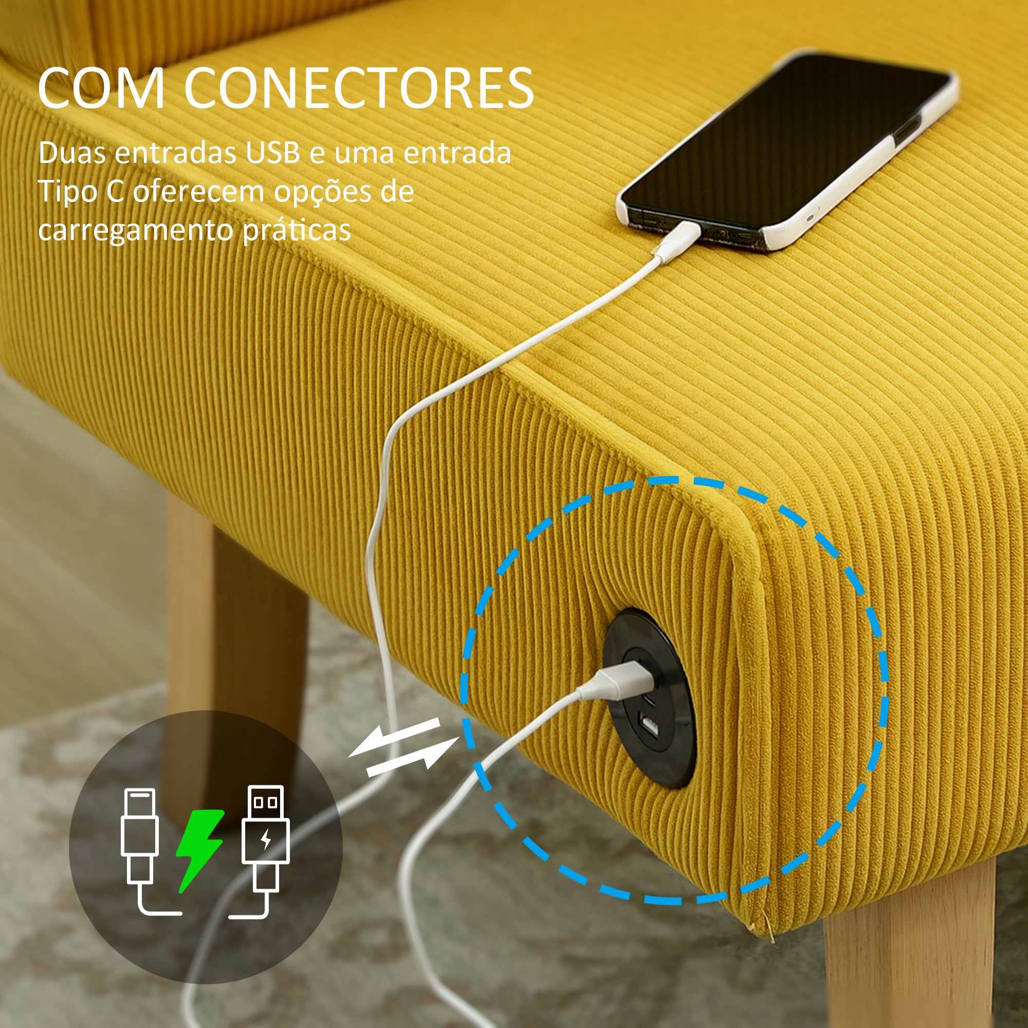 Sofá de 2 Lugares Amarelo 110x62x85 cm em Veludo Cotelê