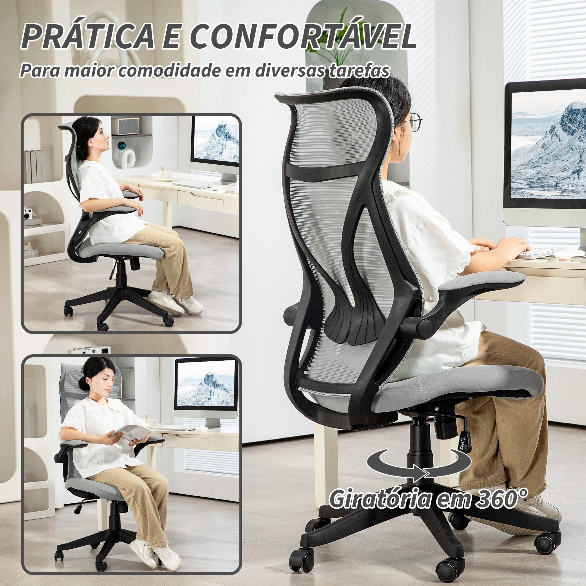 Cadeira de Escritório – 66x66x113-121 cm – Cinza Claro – Malha (100% poliéster)
