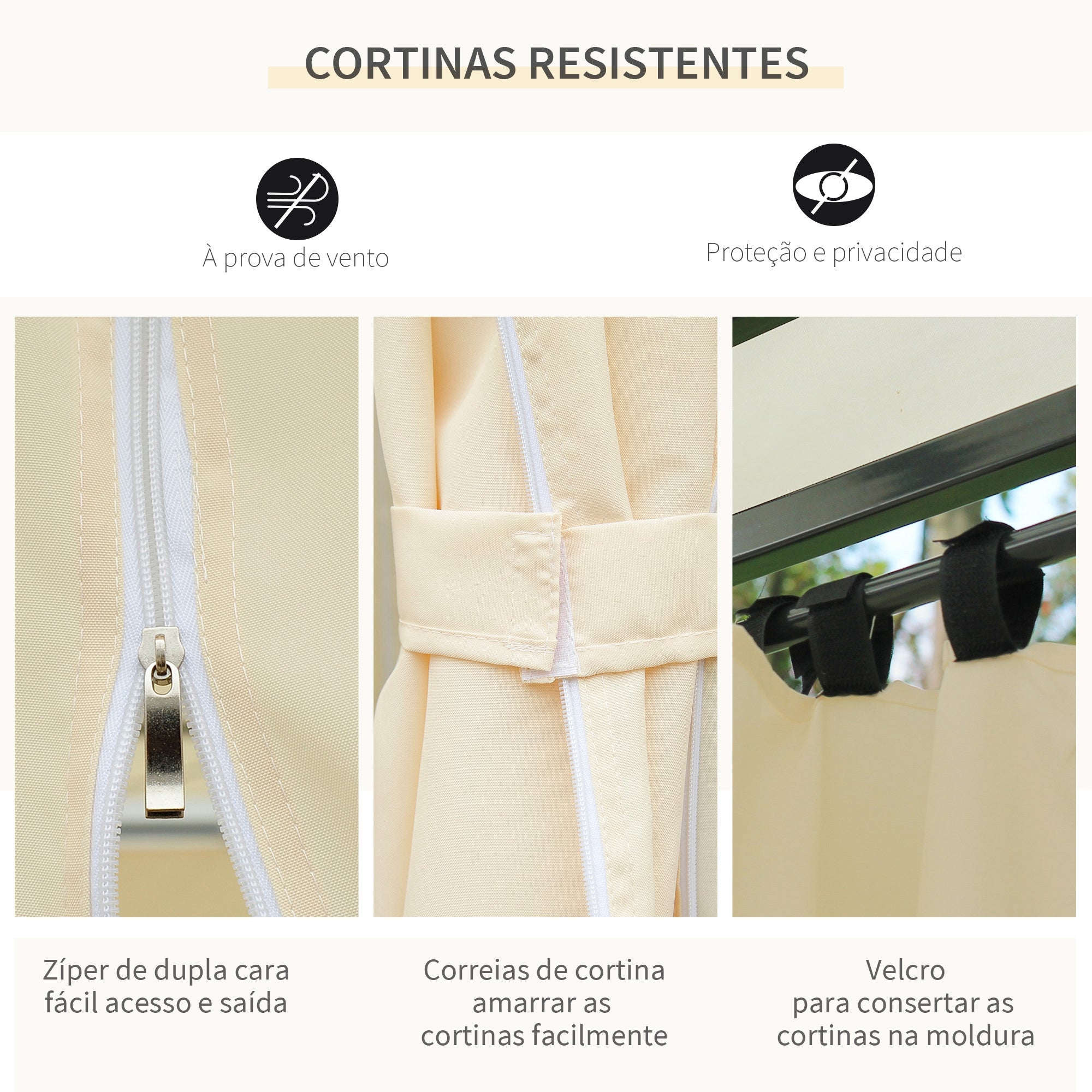 Pérgola de Jardim 300x400x280 cm Creme Branco Estrutura Aço Teto Duplo Cortinas 8 Orifícios de Drenagem