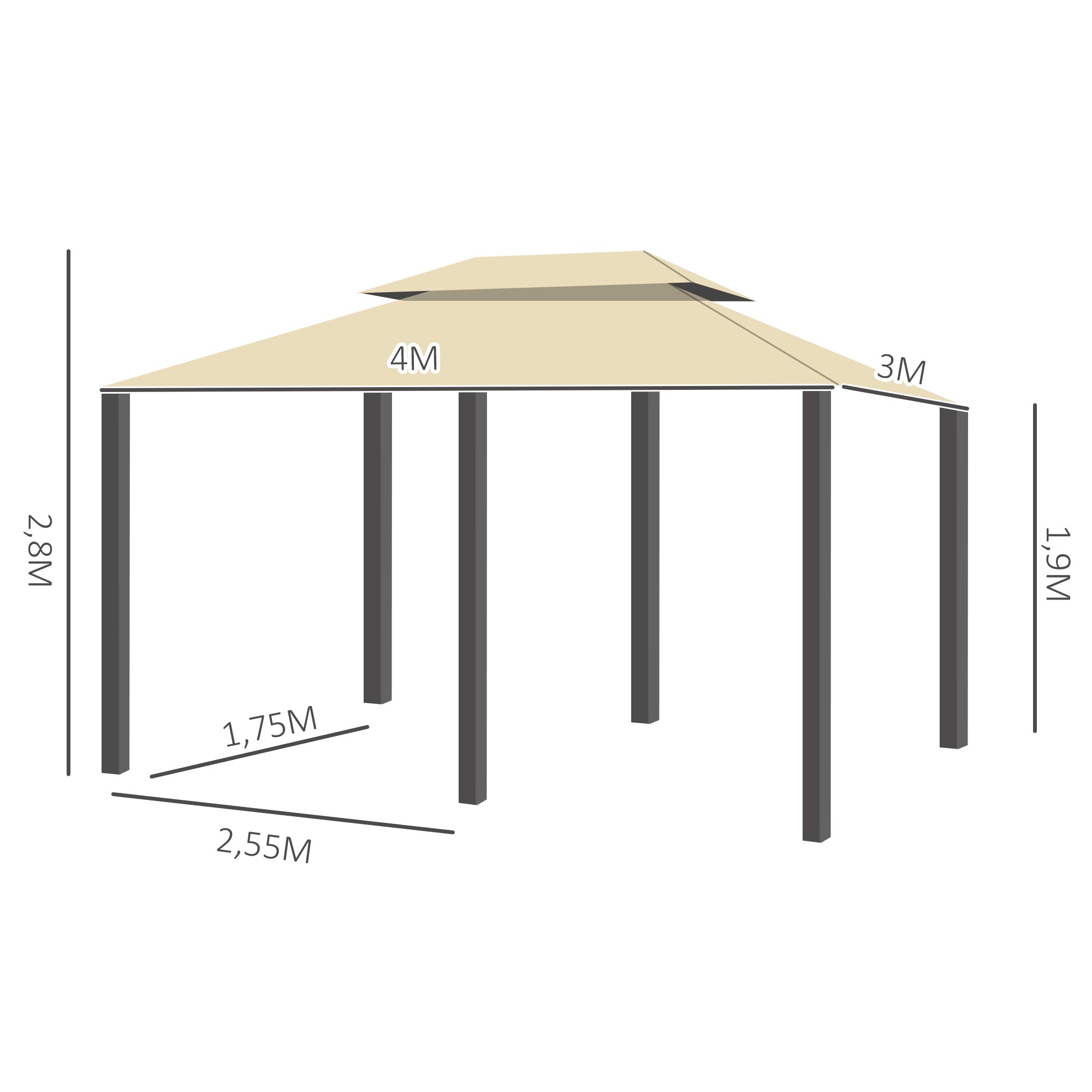 Pérgola de Jardim 300x400x280 cm Creme Branco Estrutura Aço Teto Duplo Cortinas 8 Orifícios de Drenagem