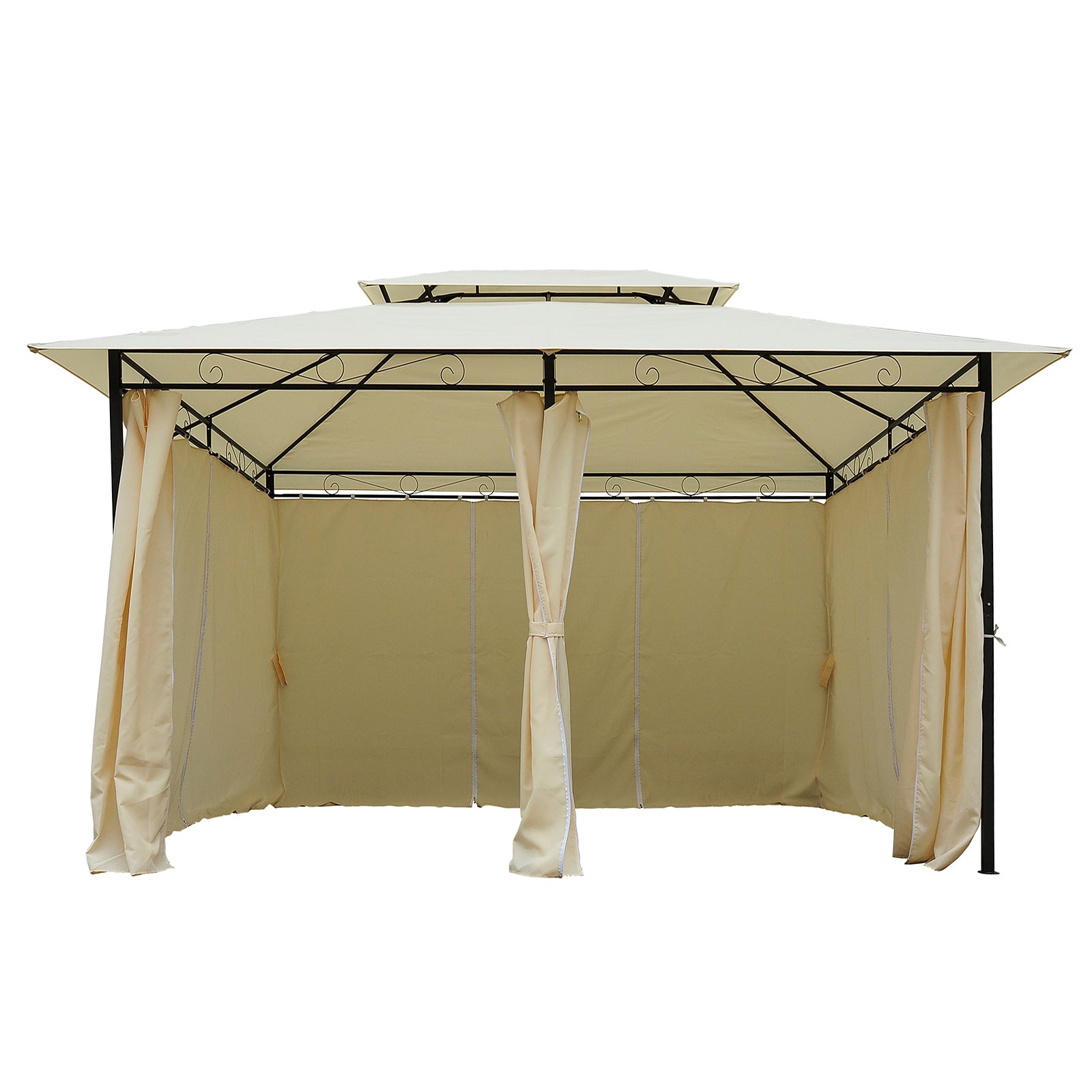 Pérgola de Jardim 300x400x280 cm Creme Branco Estrutura Aço Teto Duplo Cortinas 8 Orifícios de Drenagem