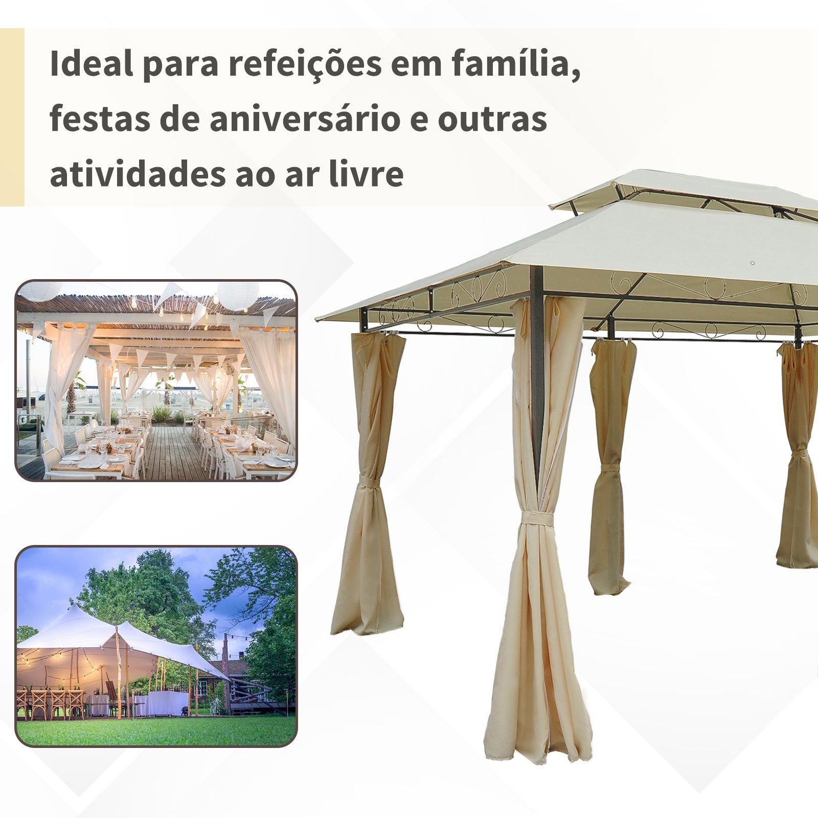 Pérgola de Jardim 300x400x280 cm Creme Branco Estrutura Aço Teto Duplo Cortinas 8 Orifícios de Drenagem