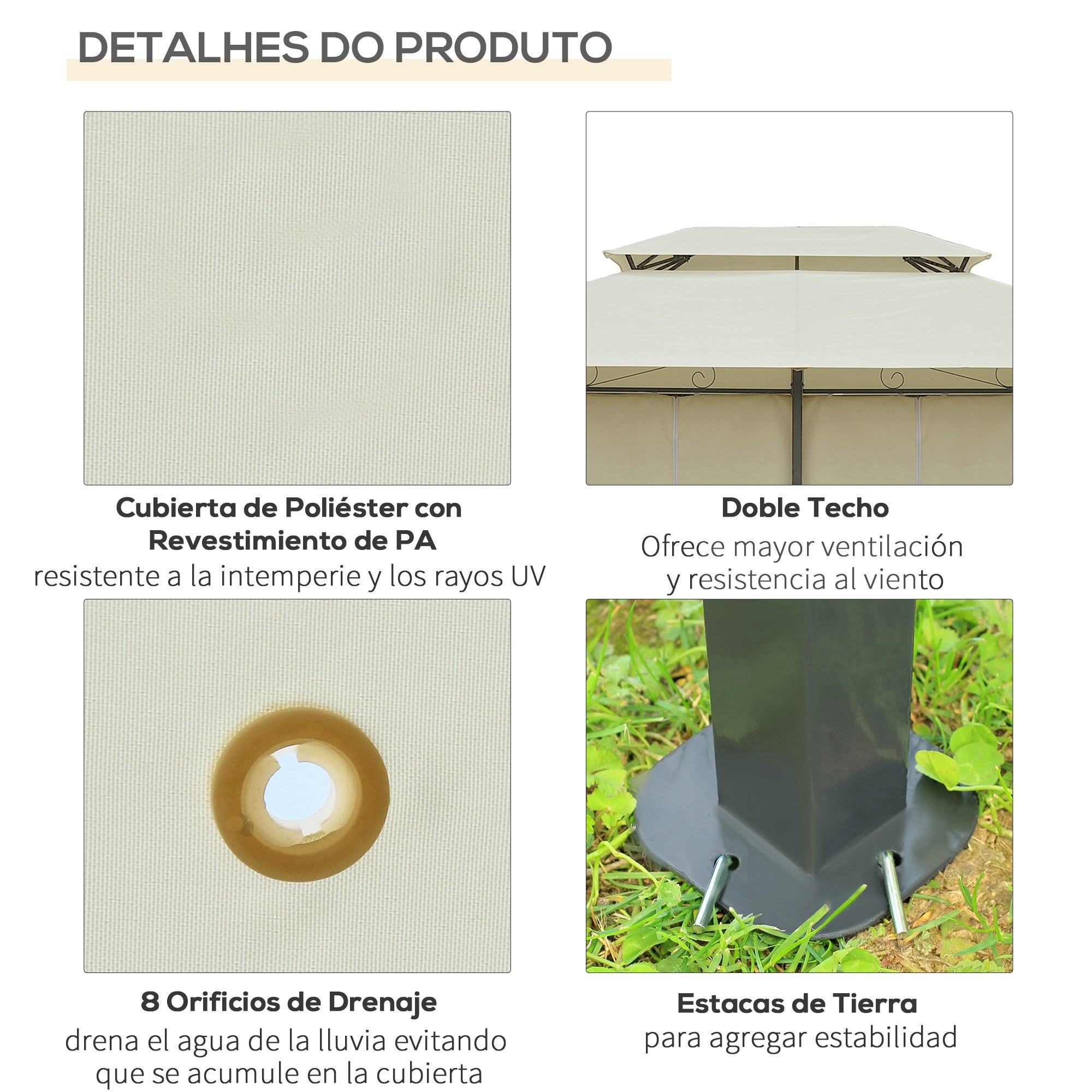 Pérgola de Jardim 300x400x280 cm Creme Branco Estrutura Aço Teto Duplo Cortinas 8 Orifícios de Drenagem