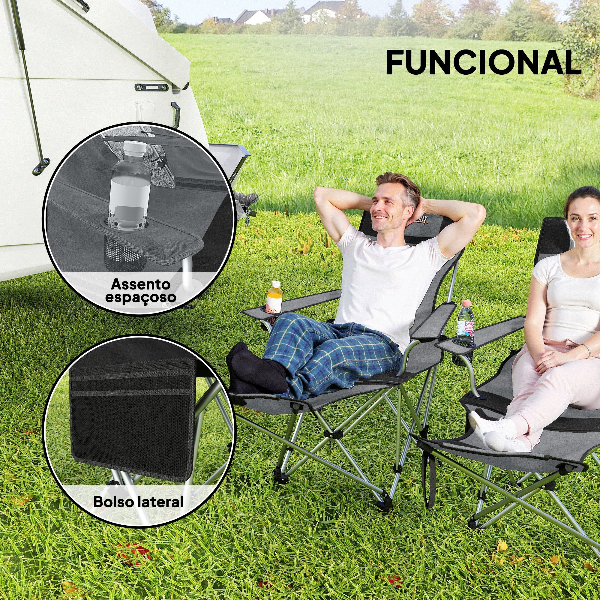 Conjunto de 2 Cadeiras Dobráveis Cinzento e Preto 50-100x82x88 cm