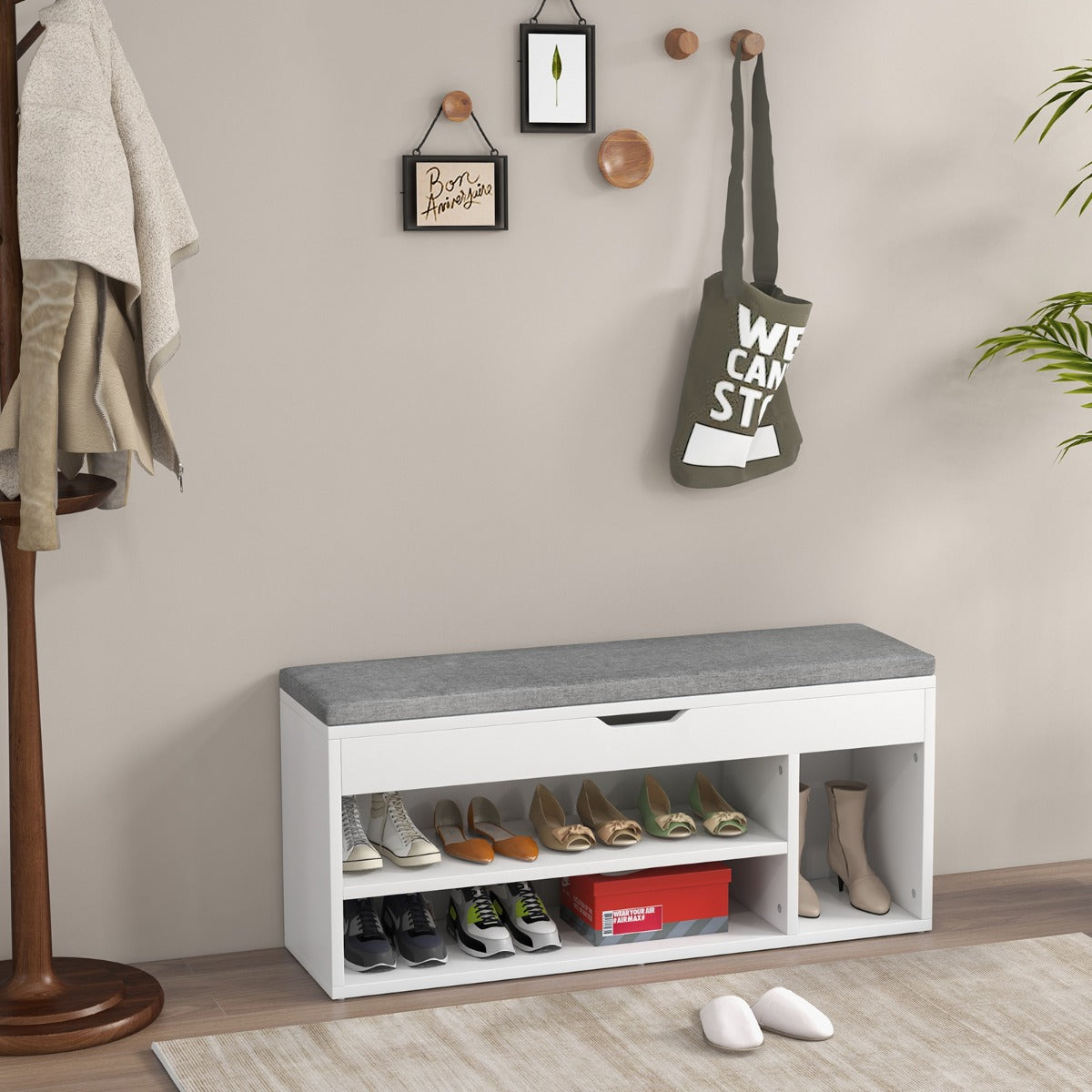 Banco de Sapateira com Prateleiras e Assento Removível Banco de Madeira e Espuma 104 x 30 x 48 cm Branco e Cinzento